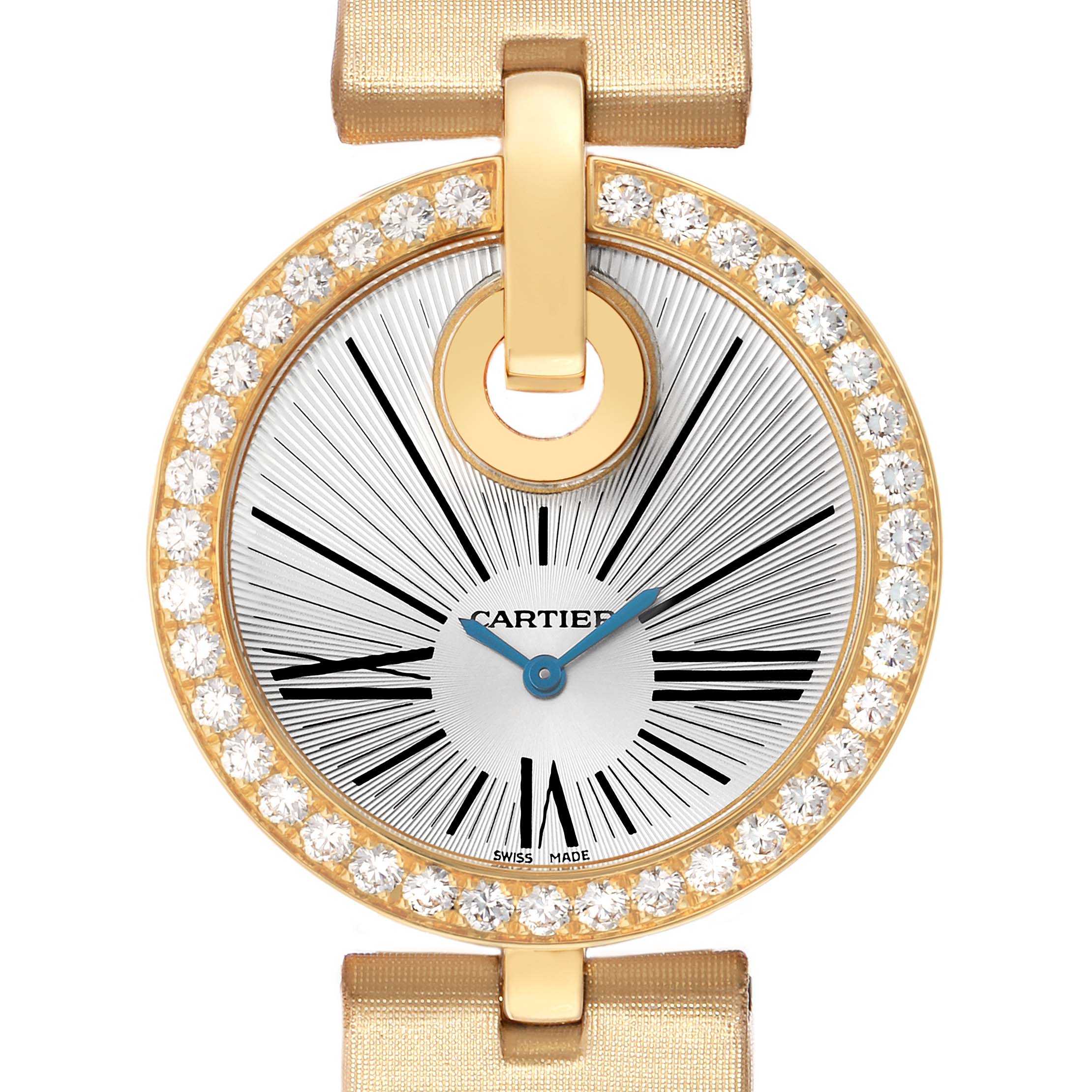 The image shows a top-down view of a Cartier Ballon Bleu WG600010 Women's Yellow Gold Silver Dial watch featuring a diamond-set bezel and Roman numeral dial.