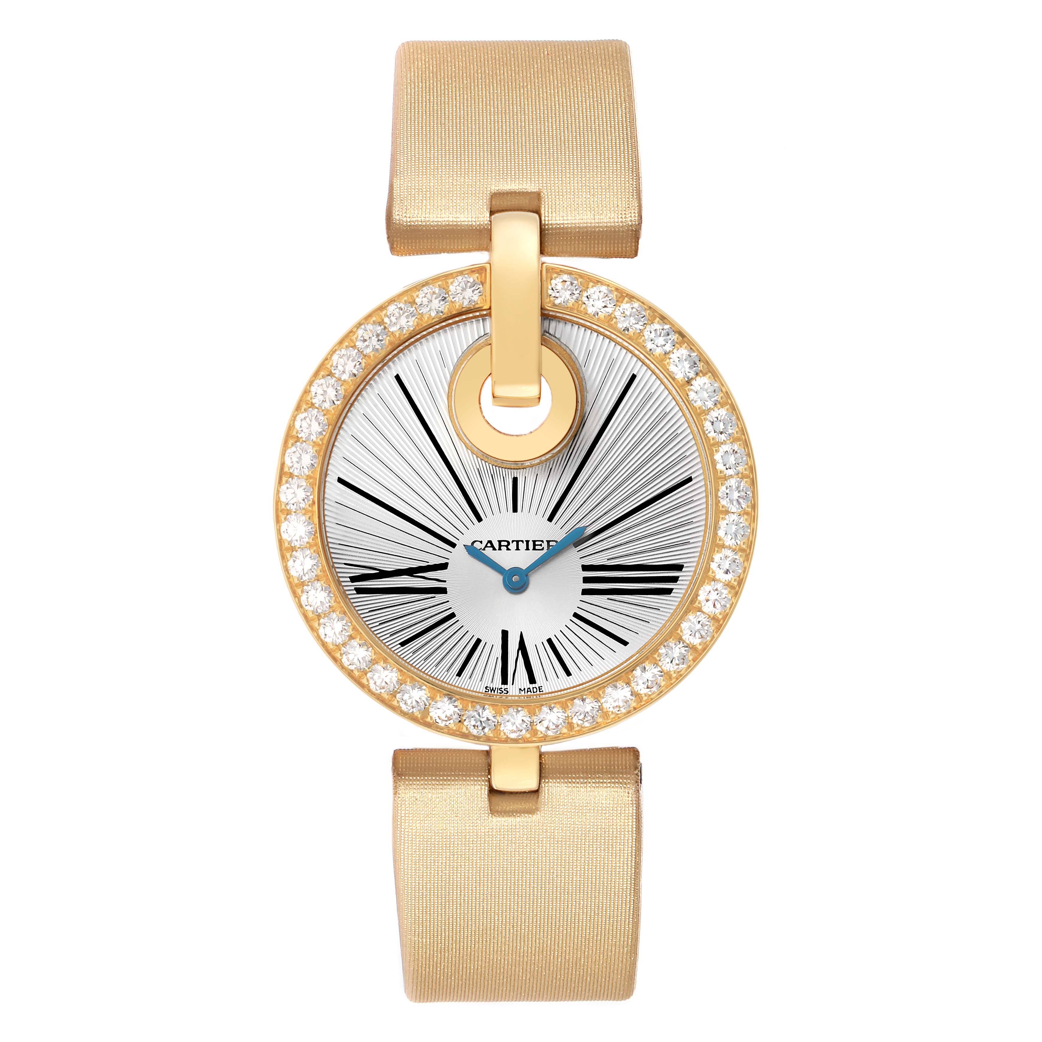 The Ballon Bleu by Cartier is shown from a top view, highlighting its diamond bezel and strap.