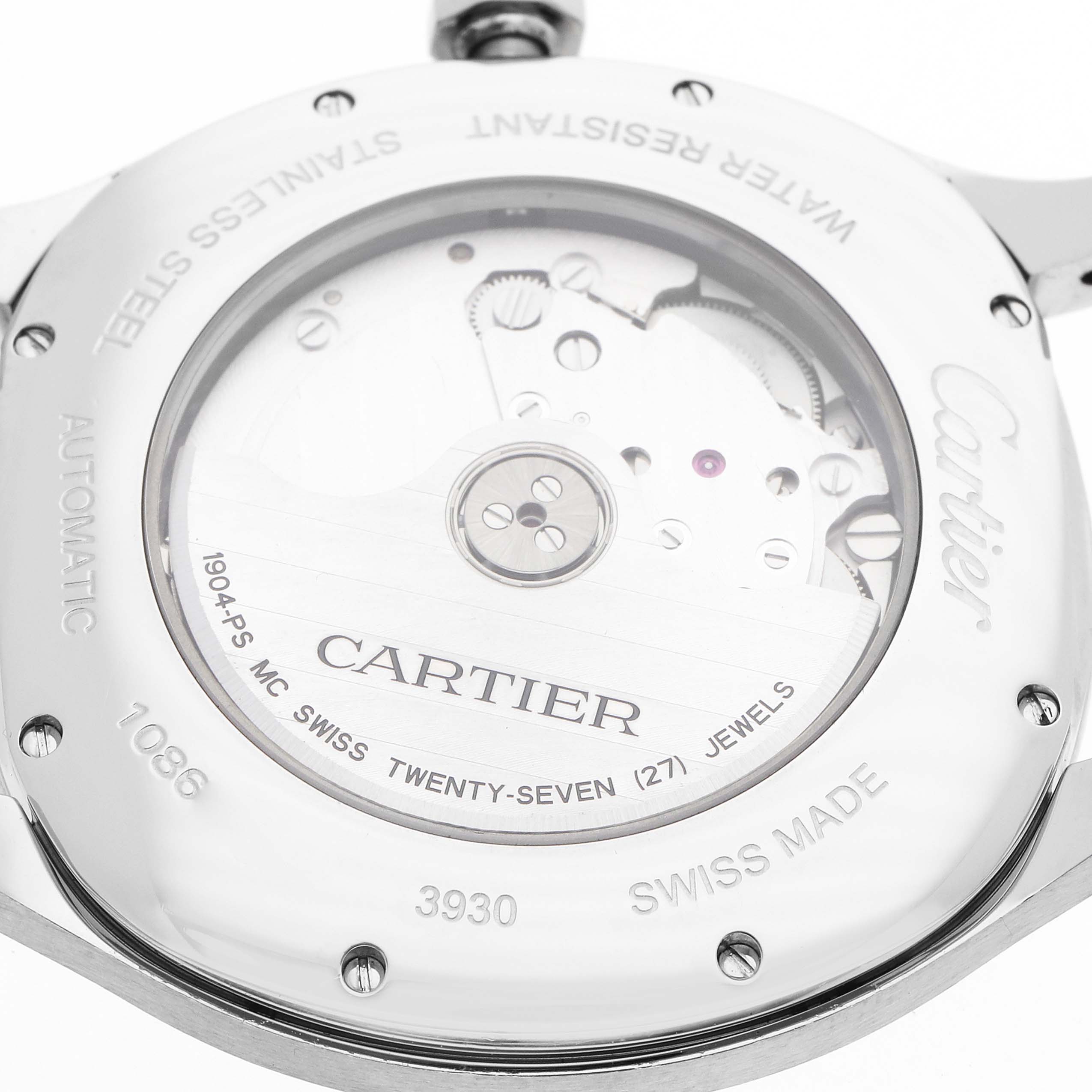 The image shows the back of a Drive de Cartier watch, highlighting the visible automatic movement and brand engravings.