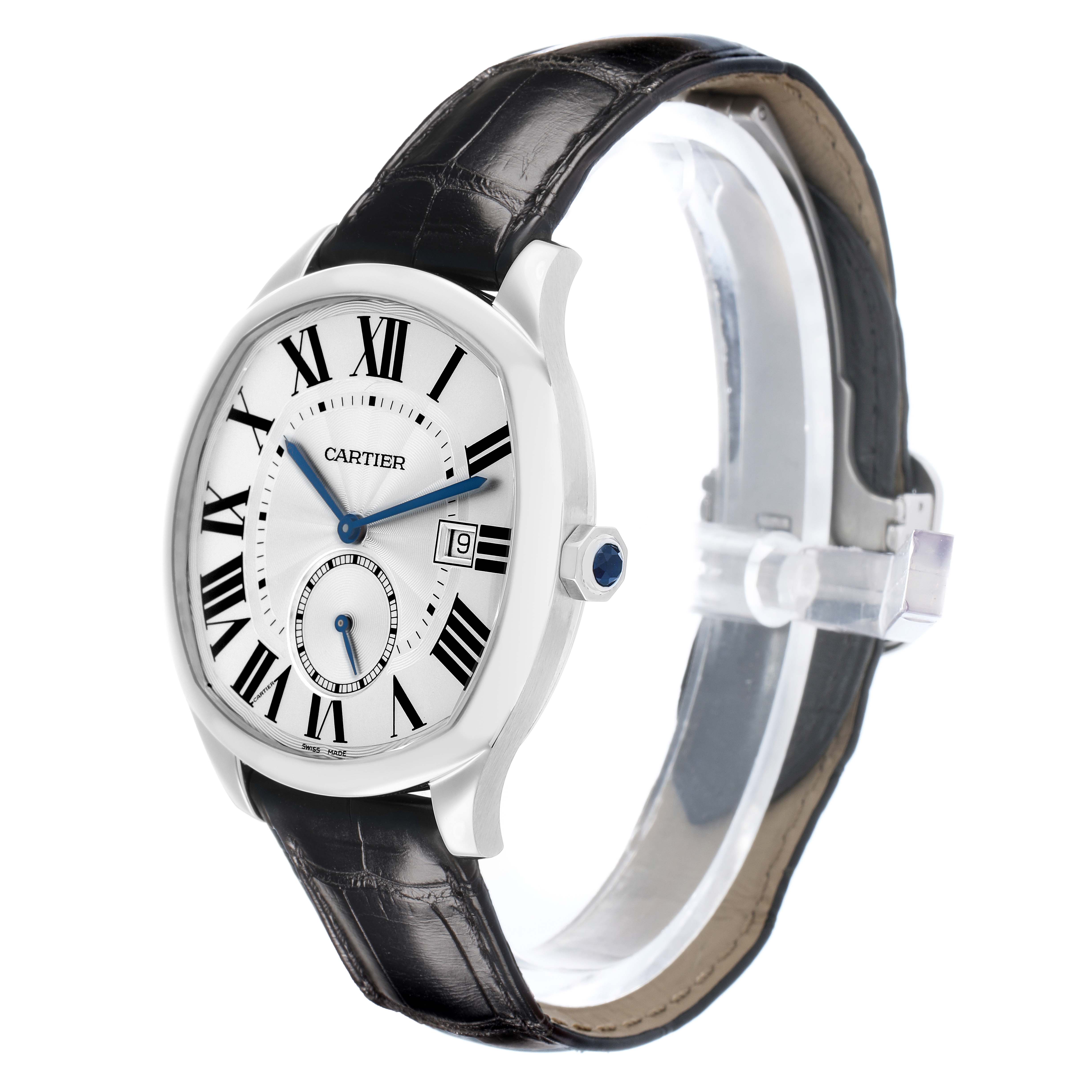The Drive de Cartier watch is shown at a three-quarter angle, highlighting the dial, crown, and leather strap.