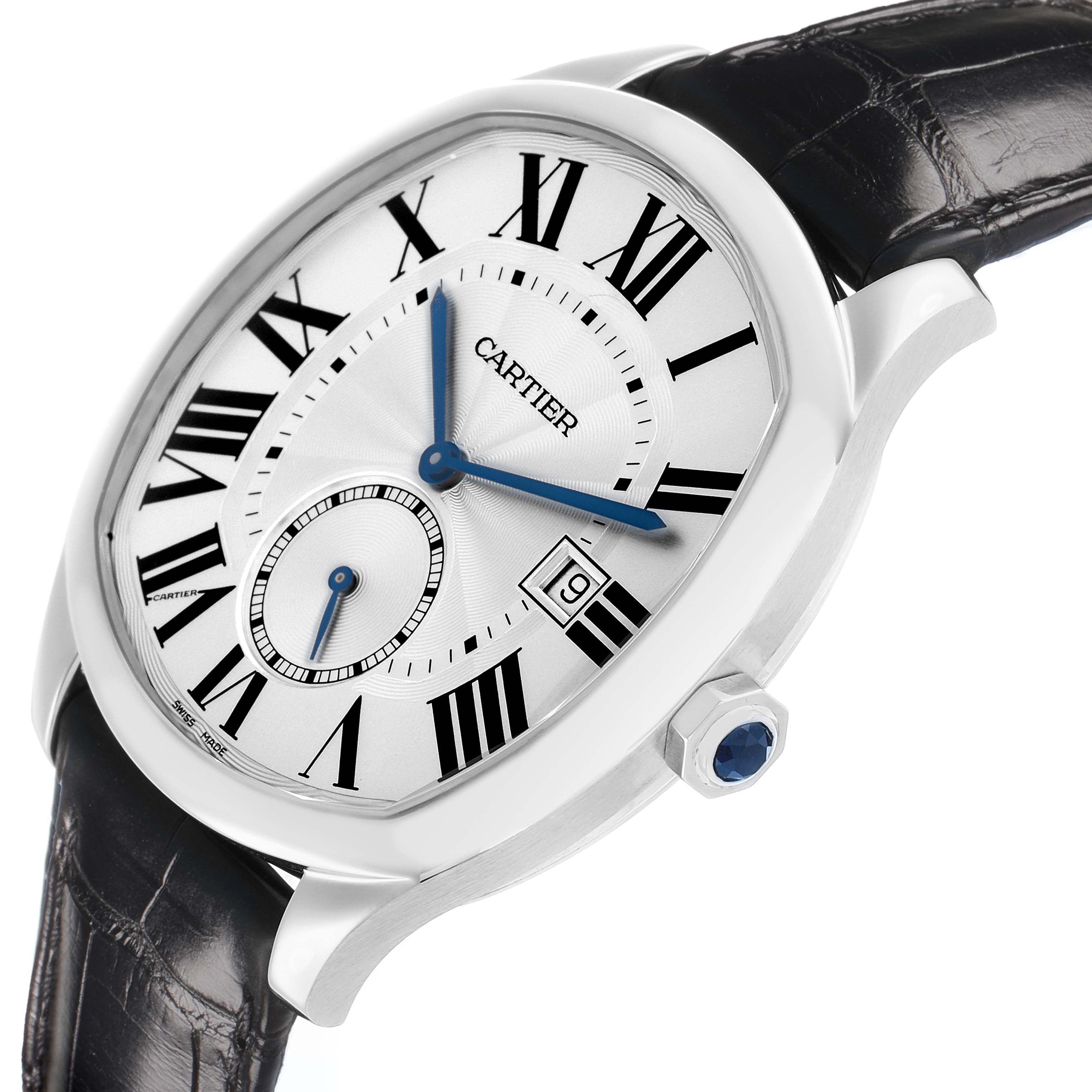 The Drive de Cartier watch is shown from a slight side angle, highlighting the face, crown, and leather strap.