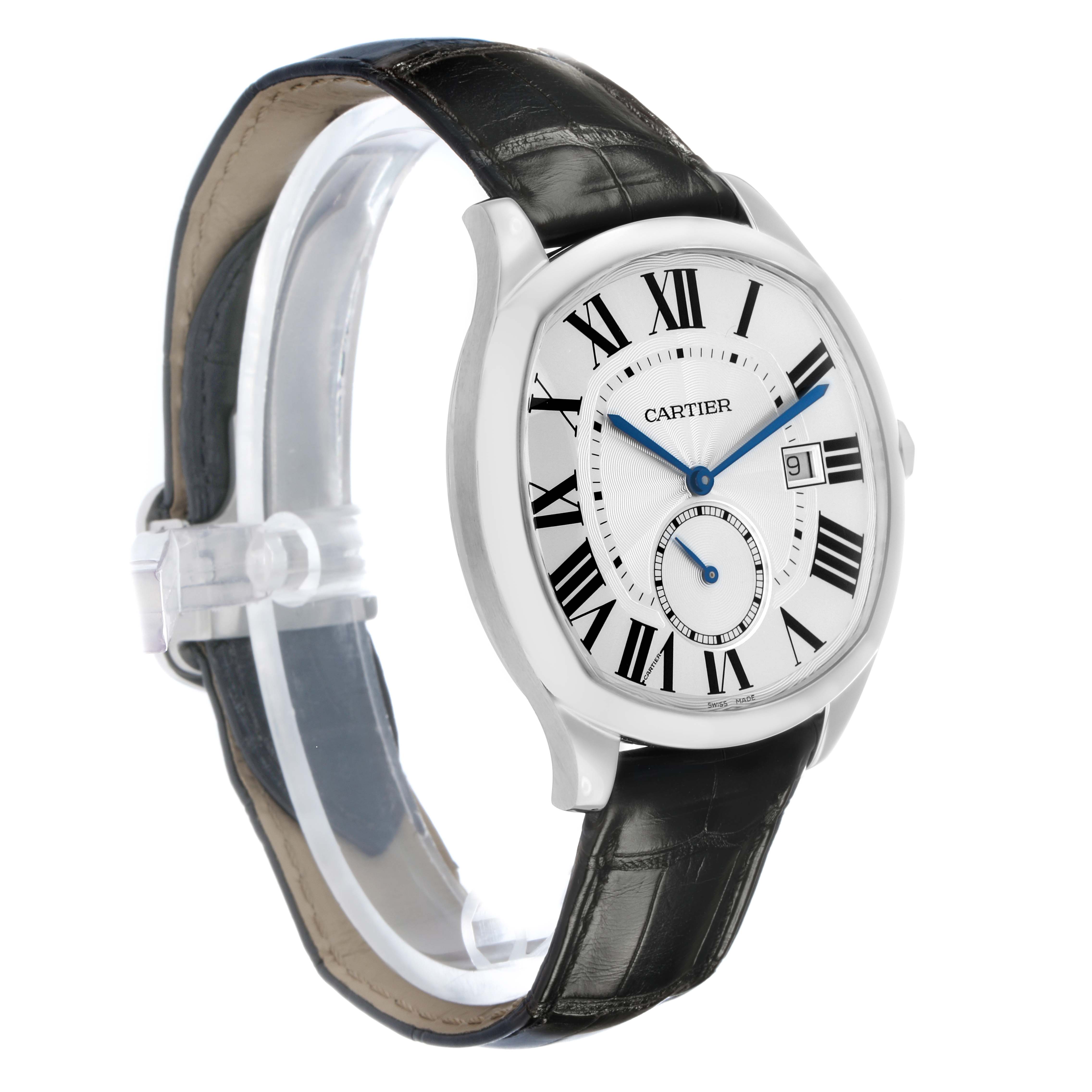 The Drive de Cartier watch is shown from a three-quarter angle, displaying the face, case, and black leather strap.