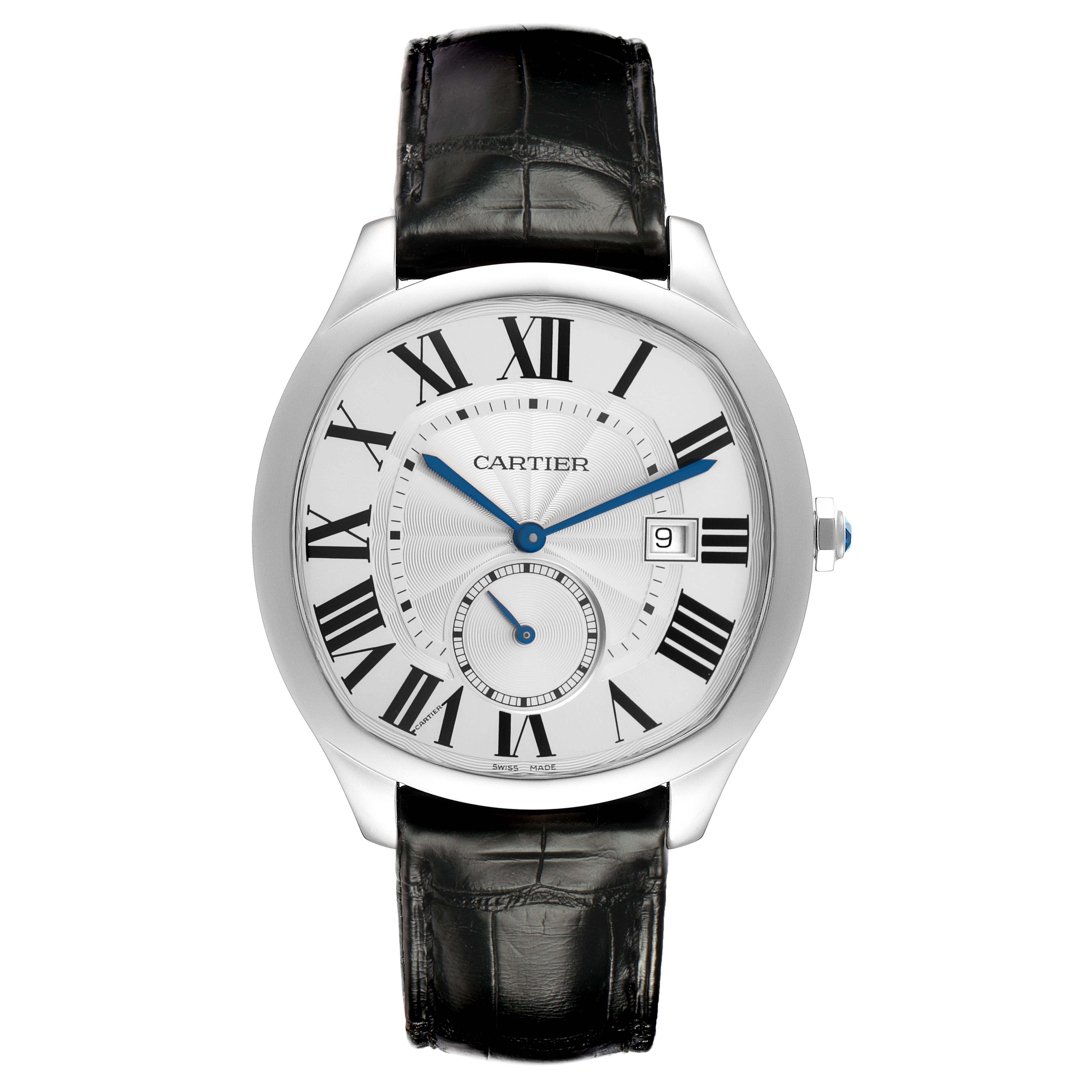 The image shows a front view of the Drive de Cartier watch by Cartier, highlighting its dial, Roman numerals, and leather strap.