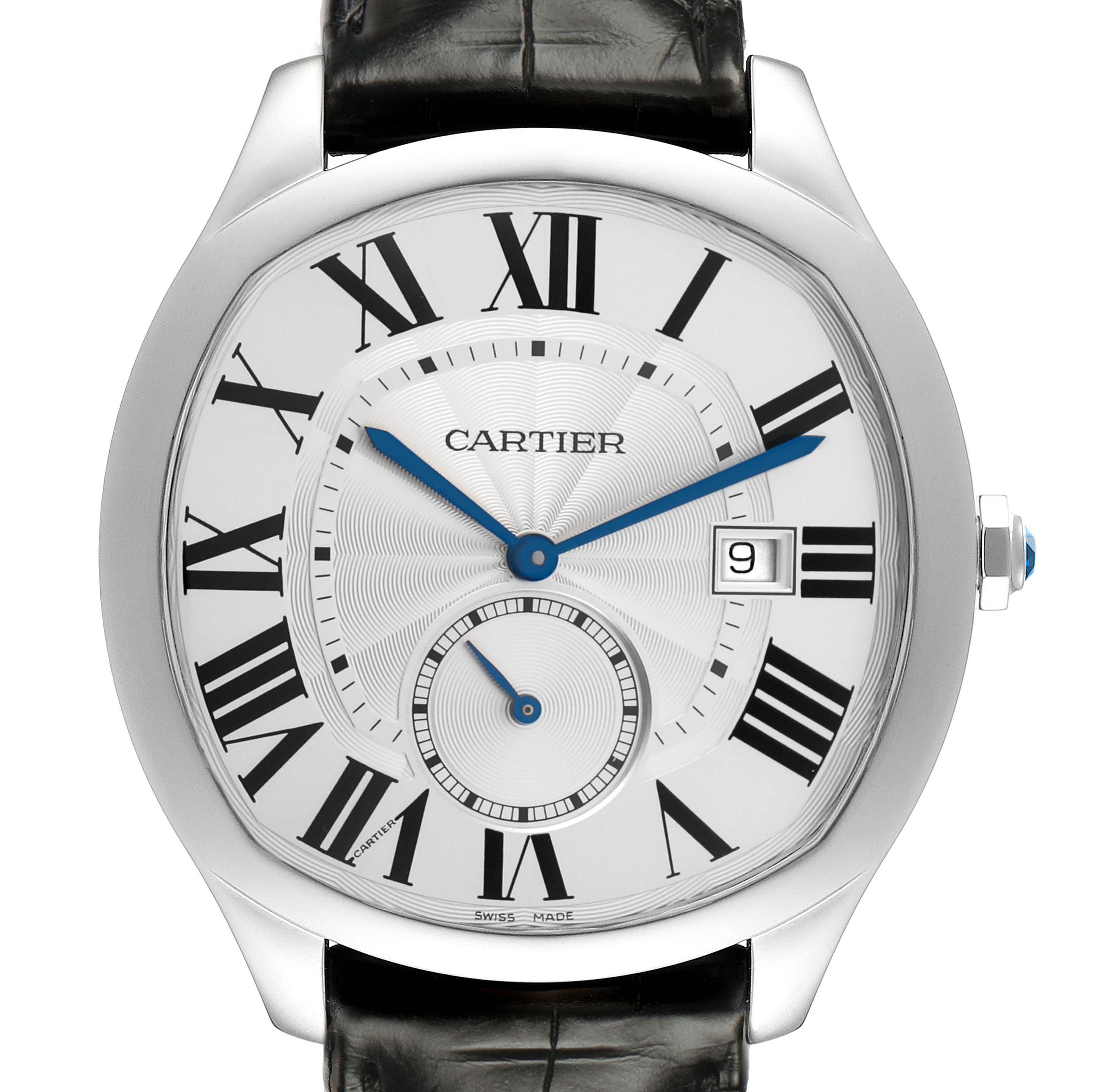 The Drive de Cartier watch is shown from the front, highlighting the dial, Roman numerals, hands, and the crown.