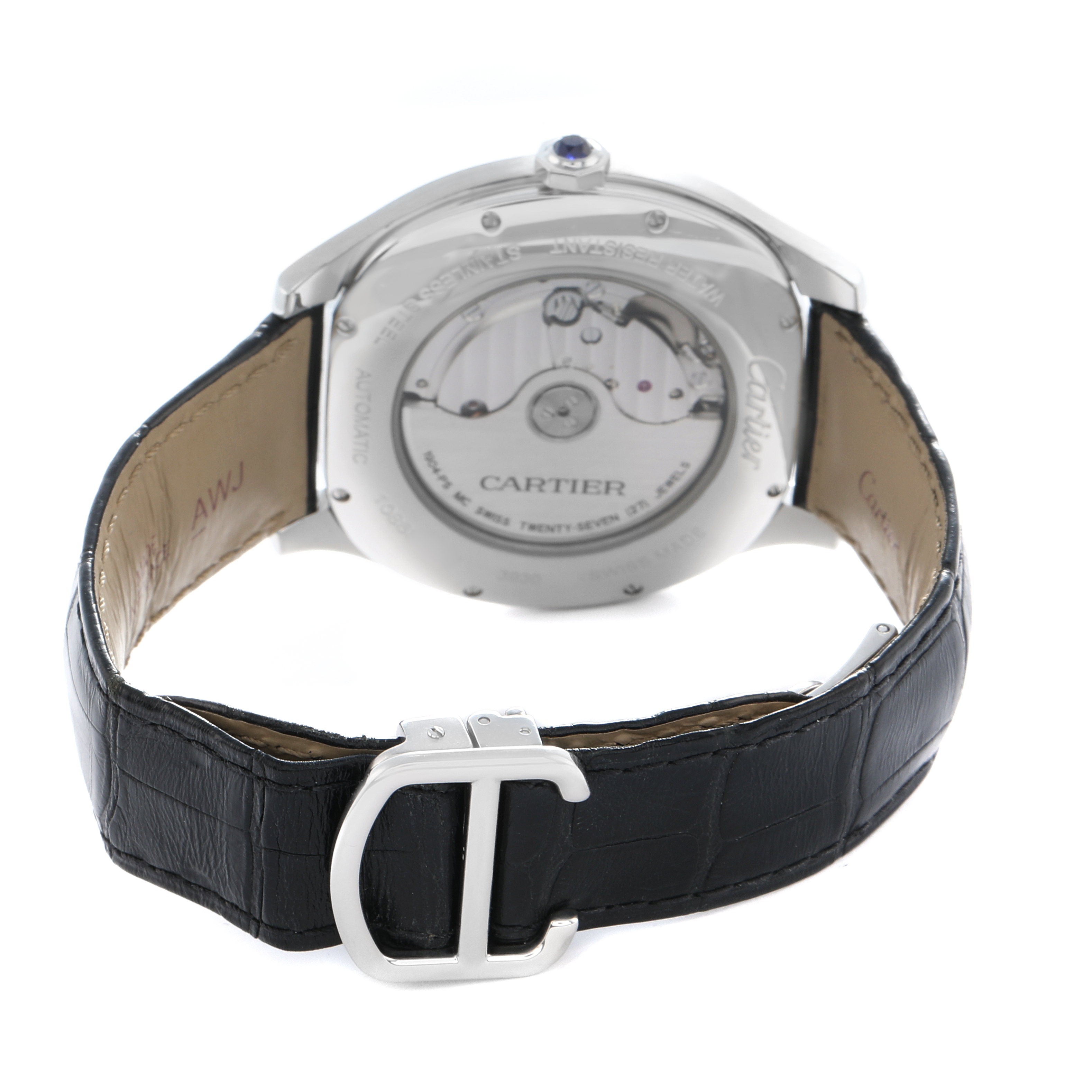 The Drive de Cartier watch is shown from the back, highlighting its case back and black leather strap with a clasp.