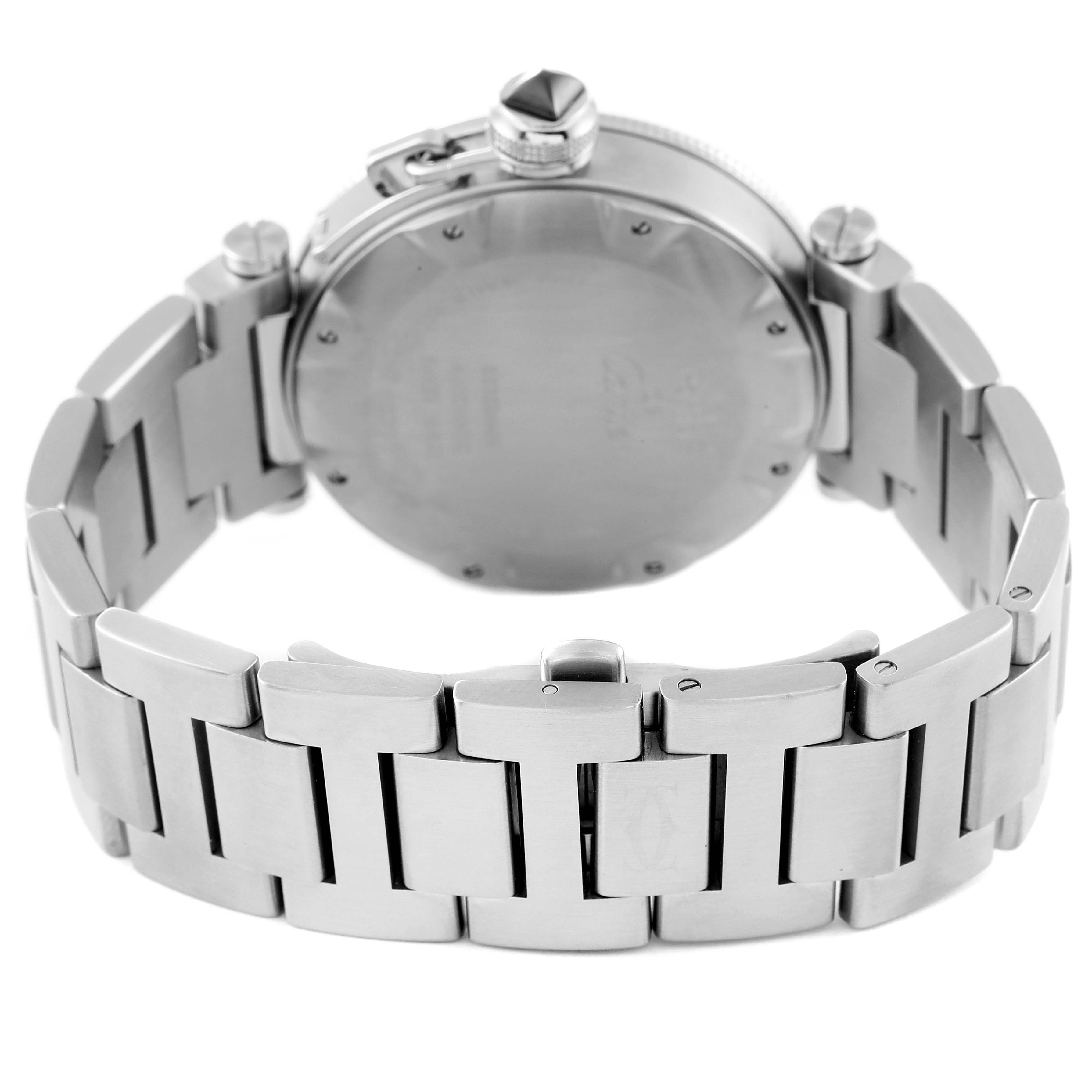 This image shows the back case and bracelet of a Cartier Pasha W31077M7 Men's Stainless Steel Black Dial W31077M7 Men's Stainless Steel Black Dial watch.