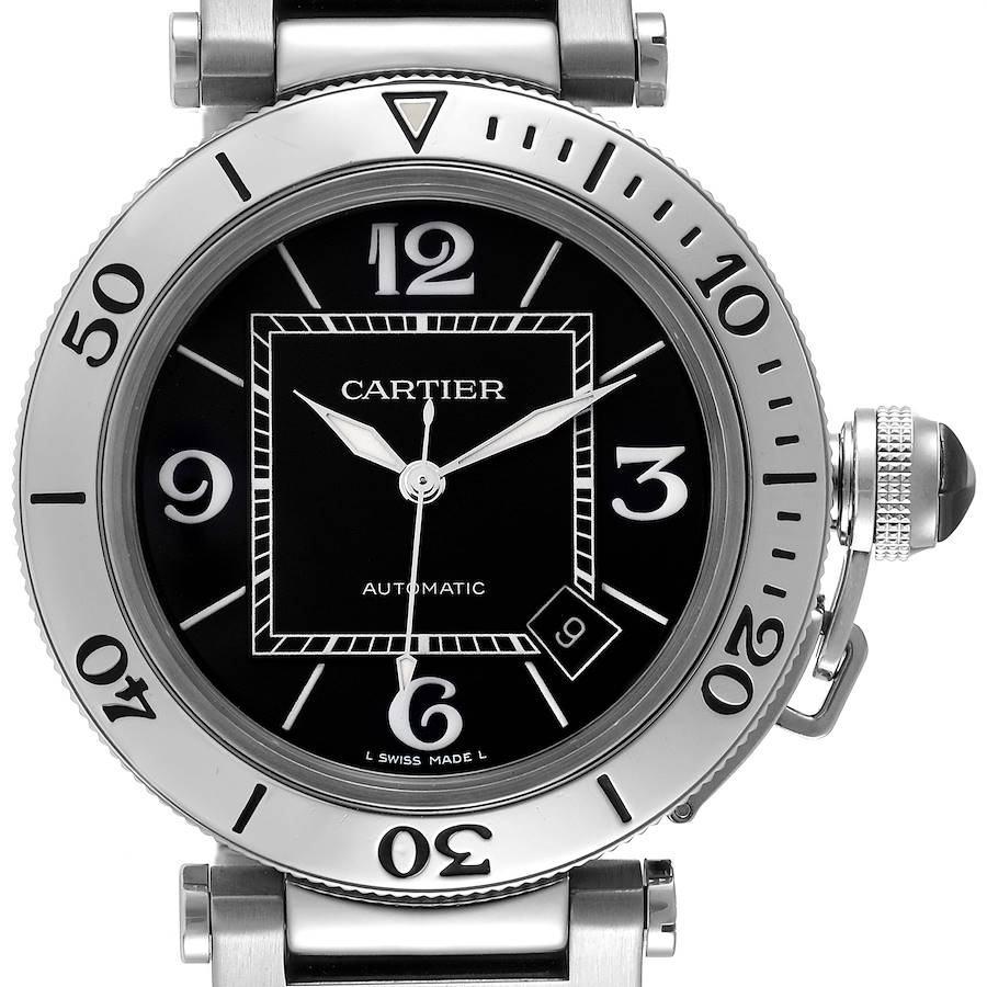 Cartier Pasha Seatimer Black Dial Automatic Mens Watch W31077M7 Box Papers SwissWatchExpo