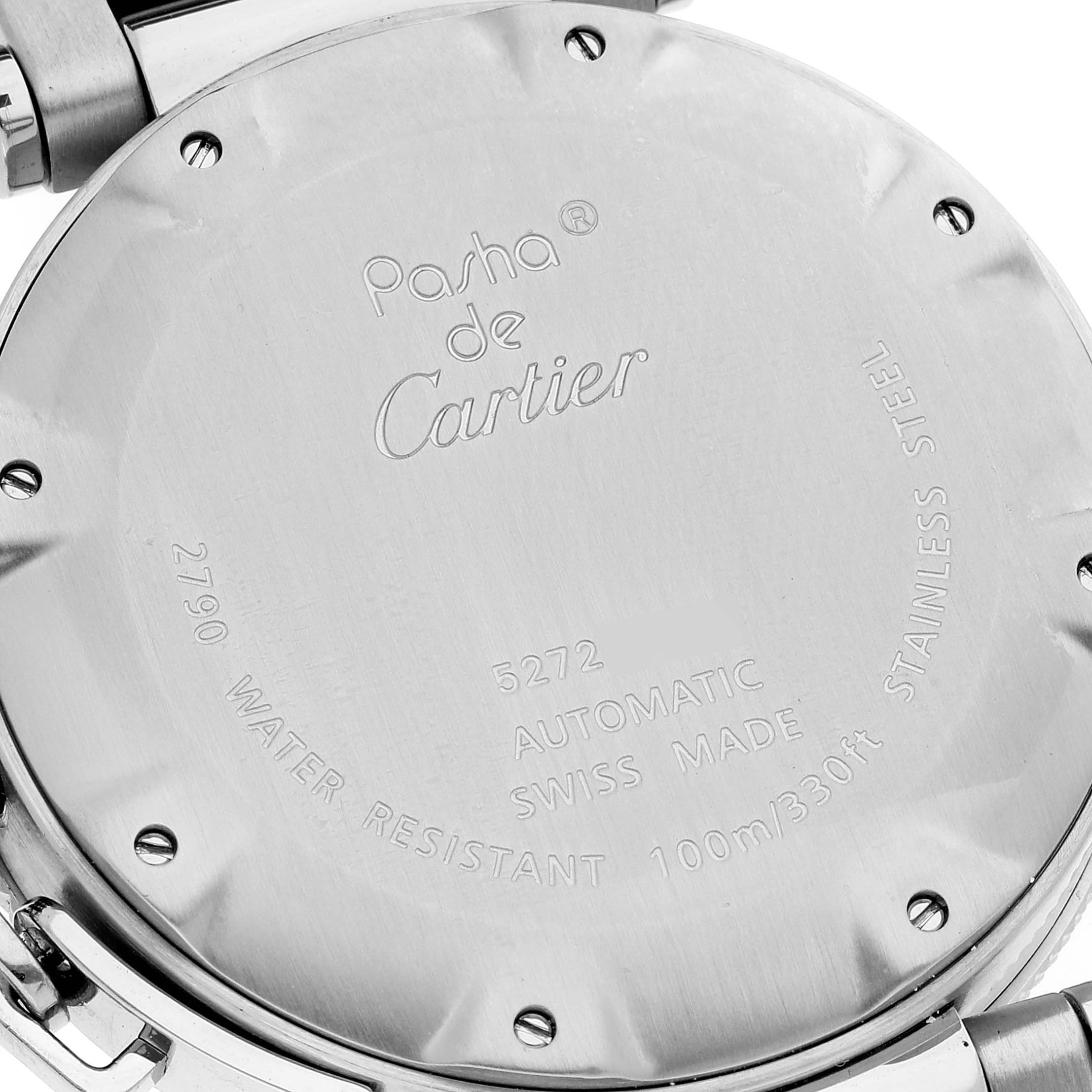 The image shows the back case of a Cartier Pasha W31077M7 Men's Stainless Steel Black Dial W31077M7 Men's Stainless Steel Black Dial watch, featuring brand and model engravings.