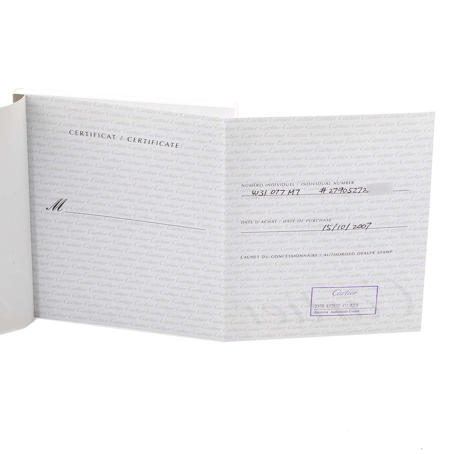 The image shows an open certificate booklet for the Cartier Pasha W31077M7 Men's Stainless Steel Black Dial W31077M7 Men's Stainless Steel Black Dial model watch, displaying product information and purchase details.