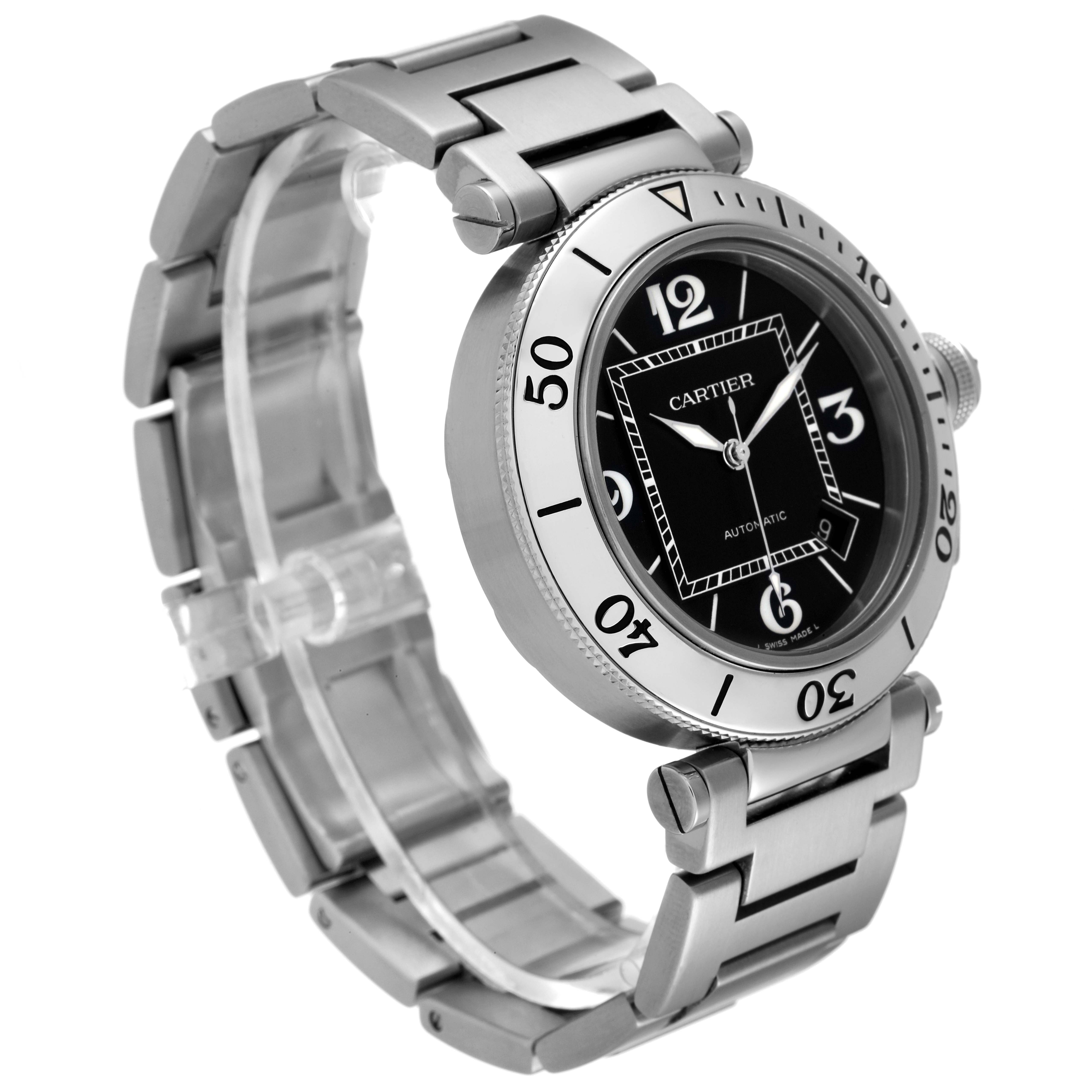 This image shows a side and front angle of the Cartier Pasha W31077M7 Men's Stainless Steel Black Dial W31077M7 Men's Stainless Steel Black Dial watch, highlighting its face, bezel, and metallic bracelet.