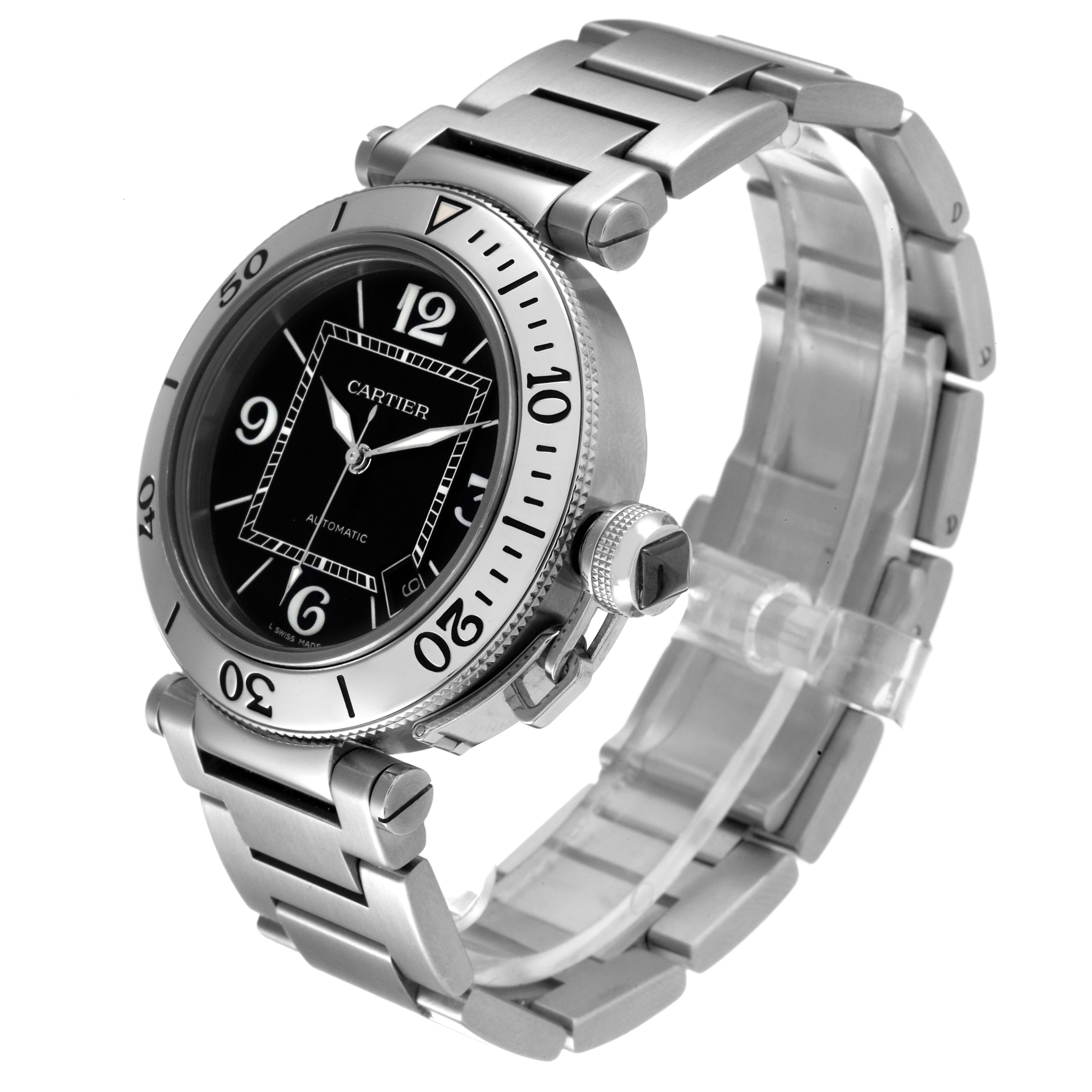 The image shows a Cartier Pasha W31077M7 Men's Stainless Steel Black Dial W31077M7 Men's Stainless Steel Black Dial watch at an angled view, highlighting its face, bezel, crown, and stainless steel bracelet.