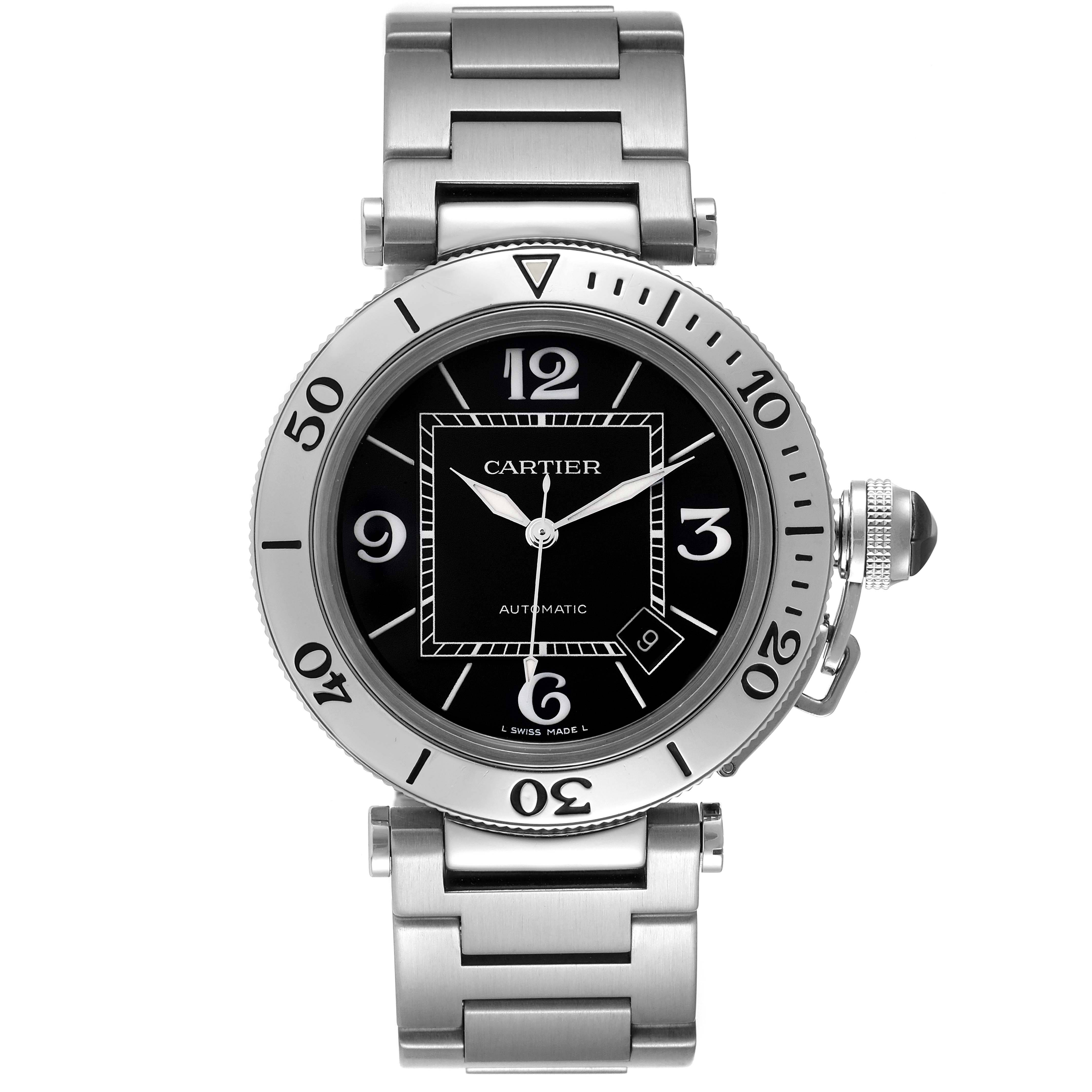 The Cartier Pasha W31077M7 Men's Stainless Steel Black Dial W31077M7 Men's Stainless Steel Black Dial watch is shown from the front, displaying the face, bezel, crown, and part of the bracelet.