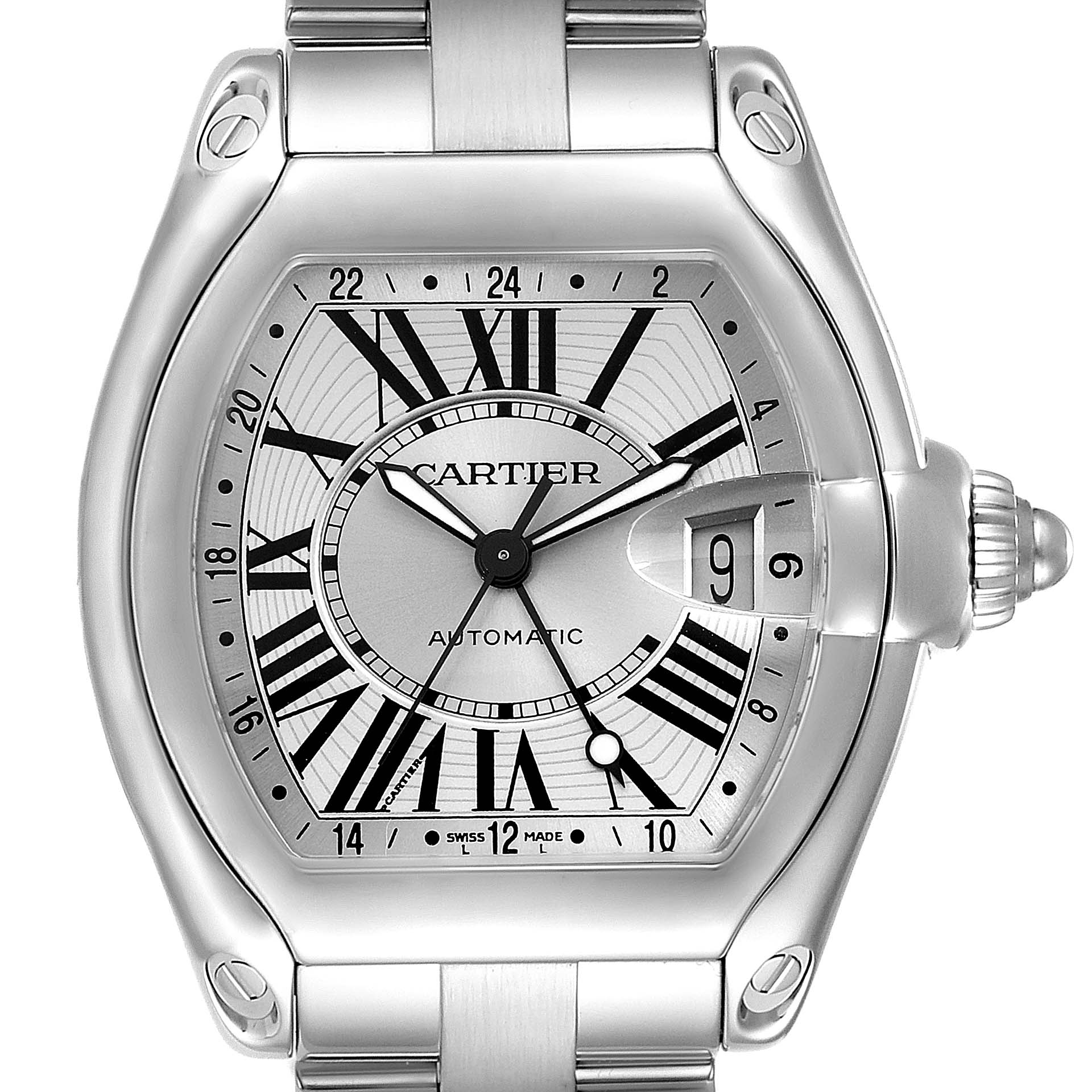 This image shows a front view of the Cartier Roadster W62032X6 Men
s Stainless Steel Silver Dial W62032X6 Men
s Stainless Steel Silver Dial watch highlighting its dial, hands, case, and part of the bracelet.