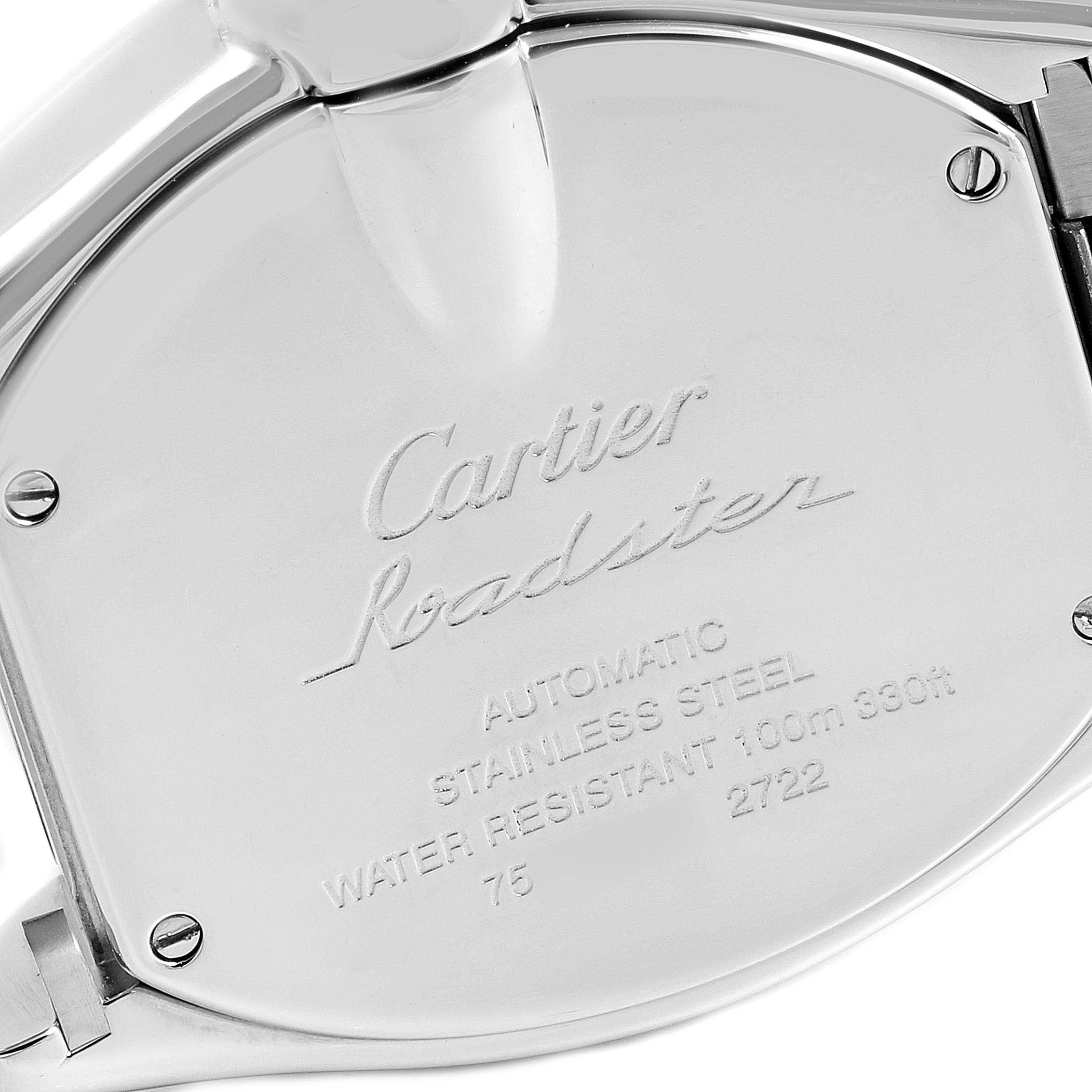 This image shows the back case of a Cartier Roadster W62032X6 Men
s Stainless Steel Silver Dial W62032X6 Men
s Stainless Steel Silver Dial watch, highlighting the branding and specifications.