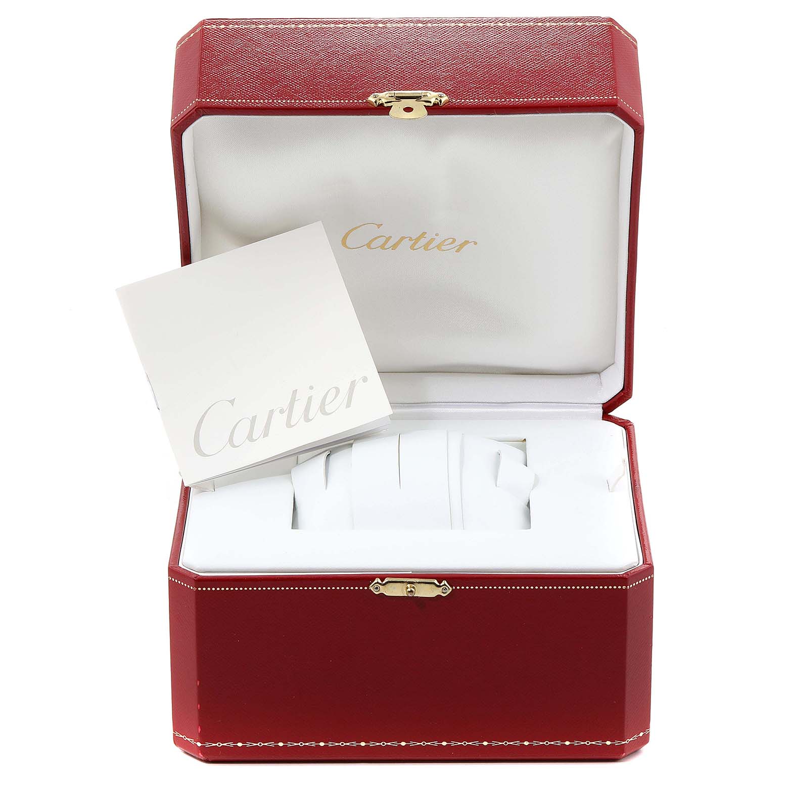 The image shows an open Cartier Roadster W62032X6 Men
s Stainless Steel Silver Dial W62032X6 Men
s Stainless Steel Silver Dial watch box with padding and a Cartier booklet inside.