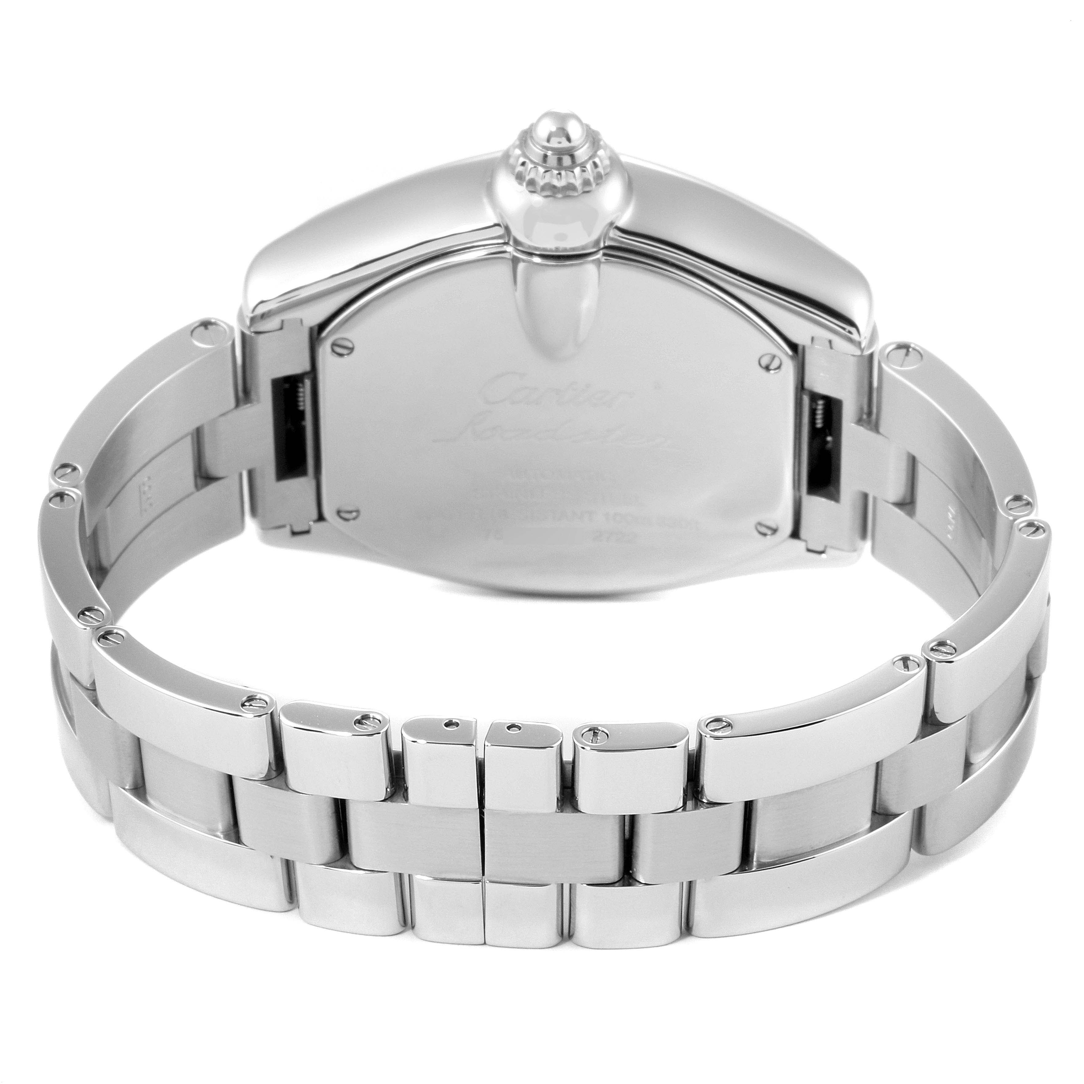 This image shows the back and bracelet of the Cartier Roadster W62032X6 Men
s Stainless Steel Silver Dial W62032X6 Men
s Stainless Steel Silver Dial watch, viewed from a straight-on angle.