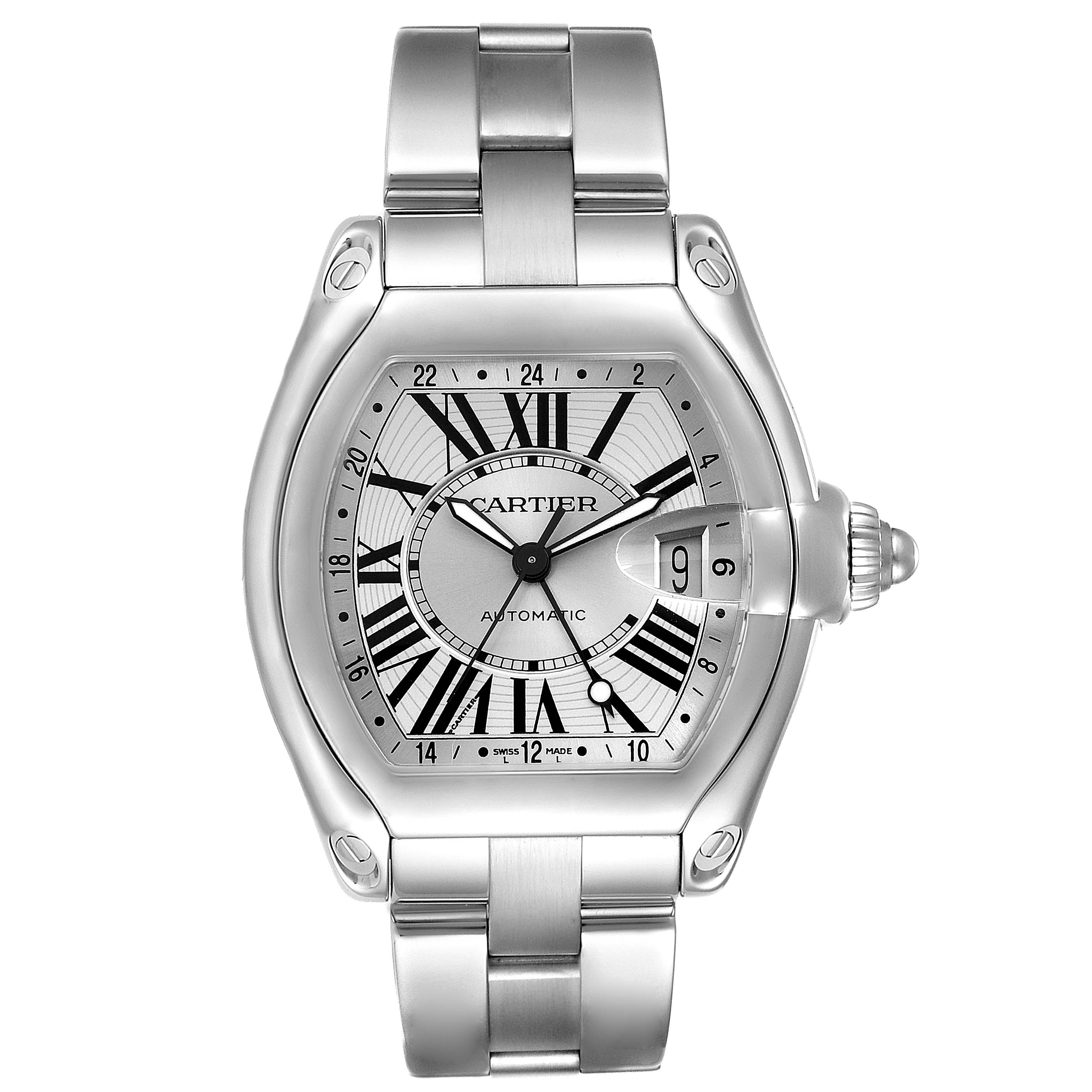 This Cartier Roadster W62032X6 Men
s Stainless Steel Silver Dial W62032X6 Men
s Stainless Steel Silver Dial model watch is shown from a top-down angle, displaying the face, bezel, and bracelet.
