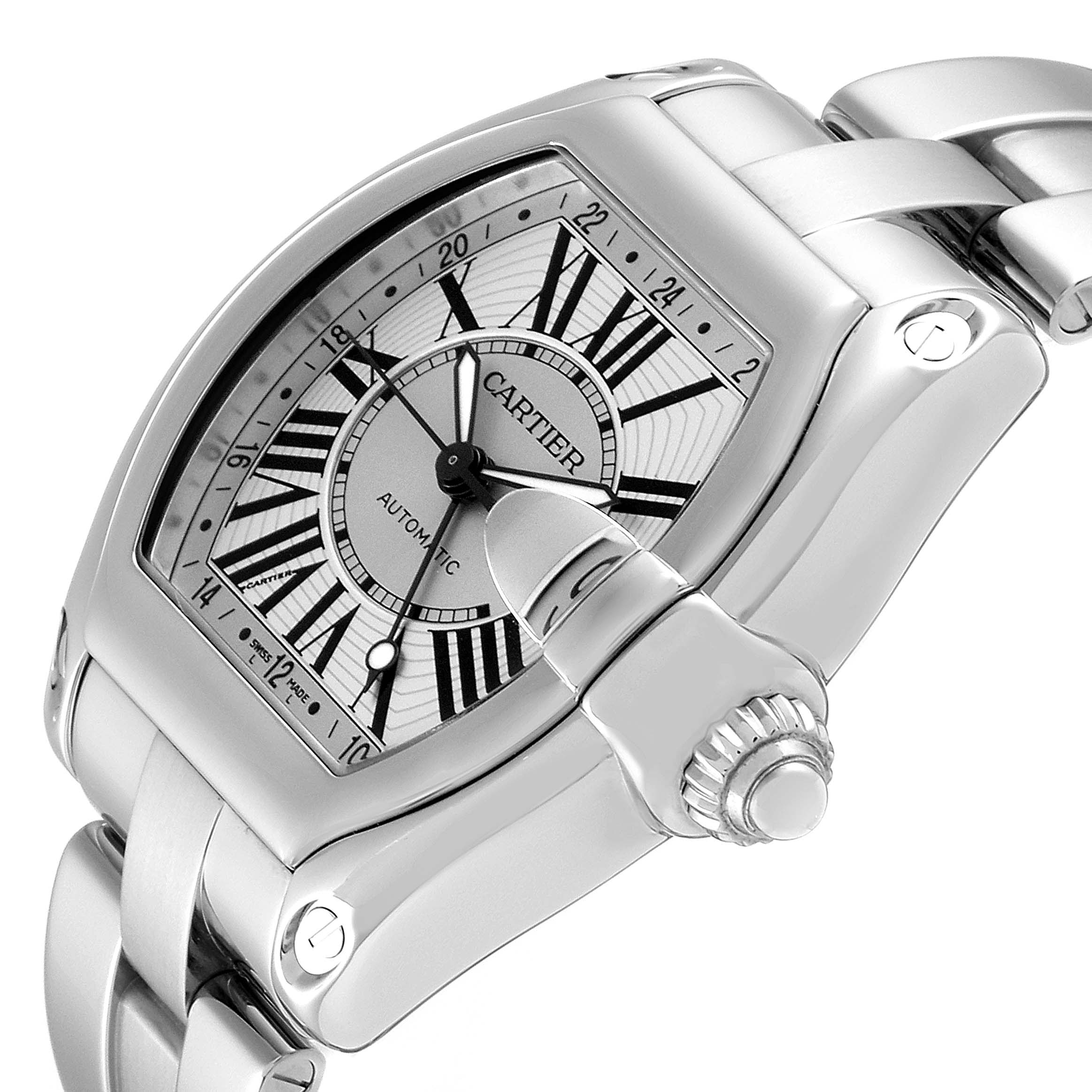 The Cartier Roadster W62032X6 Men
s Stainless Steel Silver Dial W62032X6 Men
s Stainless Steel Silver Dial watch is shown from a three-quarter angle, highlighting the dial, crown, and part of the bracelet.