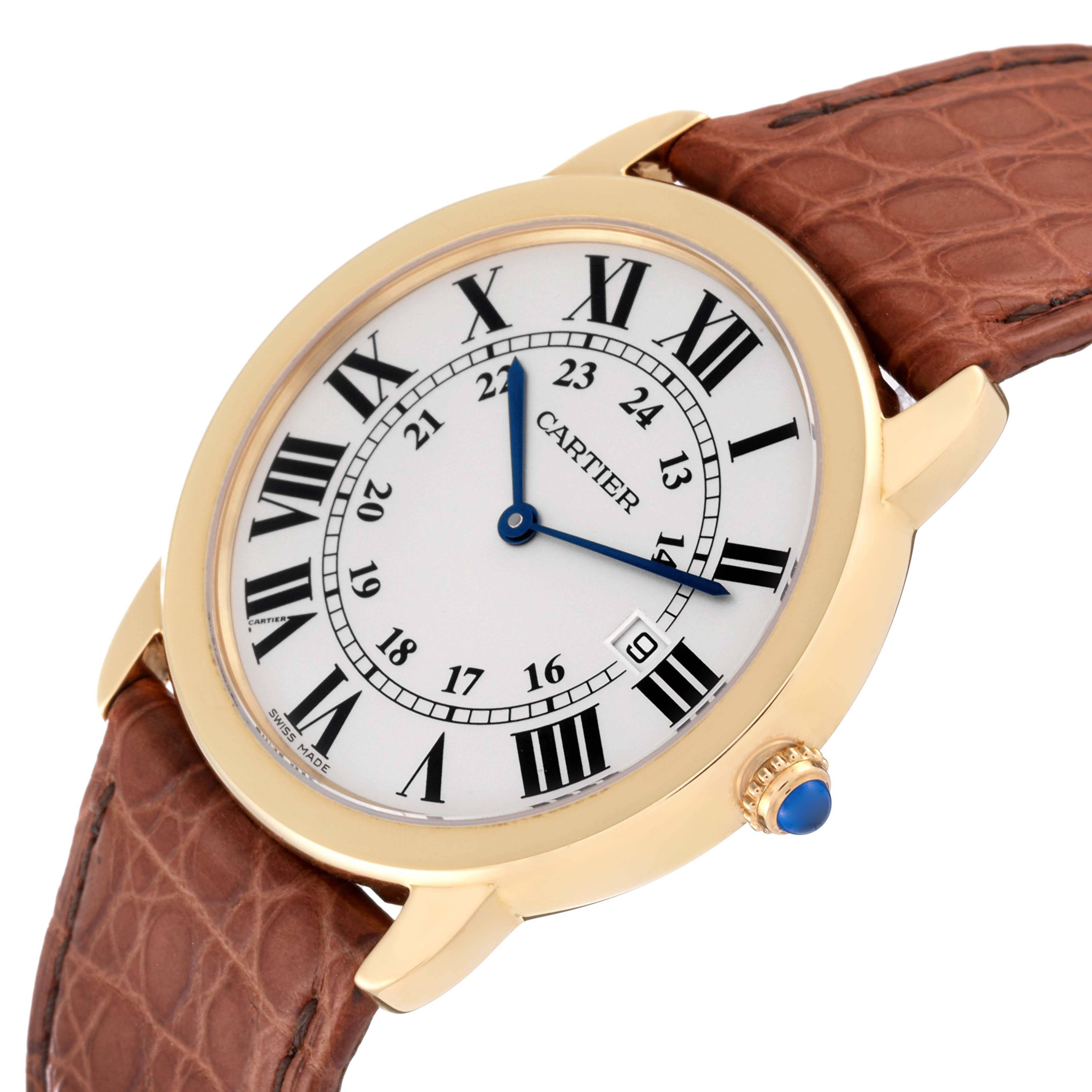 The image shows a top view of the Cartier Ronde W6700455 Men's Yellow Gold Silver Dial W6700455 Men's Yellow Gold Silver Dial watch, displaying the face, blue hands, brown strap, and side crown with a blue gem.