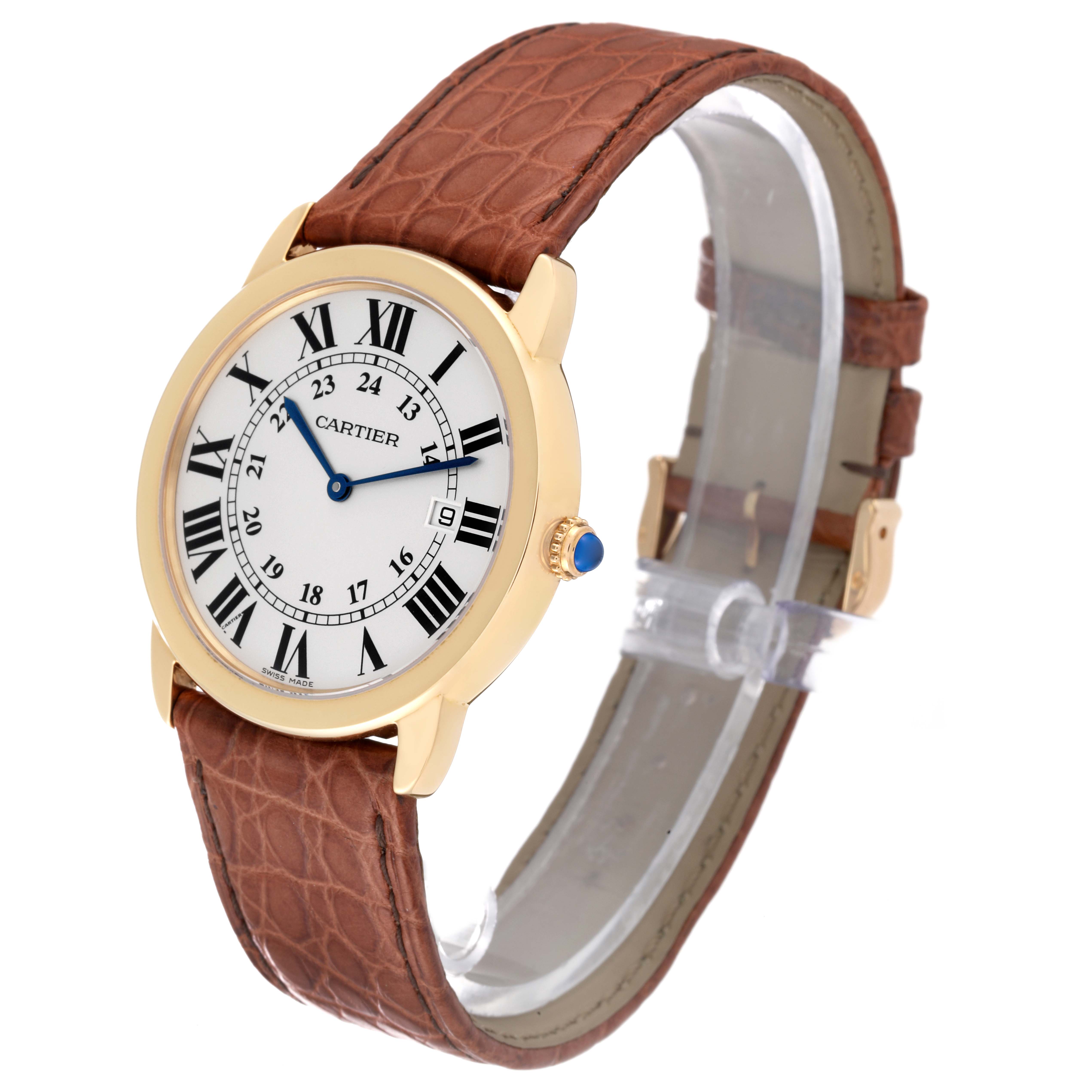 The image shows a Cartier Ronde W6700455 Men's Yellow Gold Silver Dial W6700455 Men's Yellow Gold Silver Dial model watch at a slight angle highlighting its face, brown leather strap, and gold bezel.