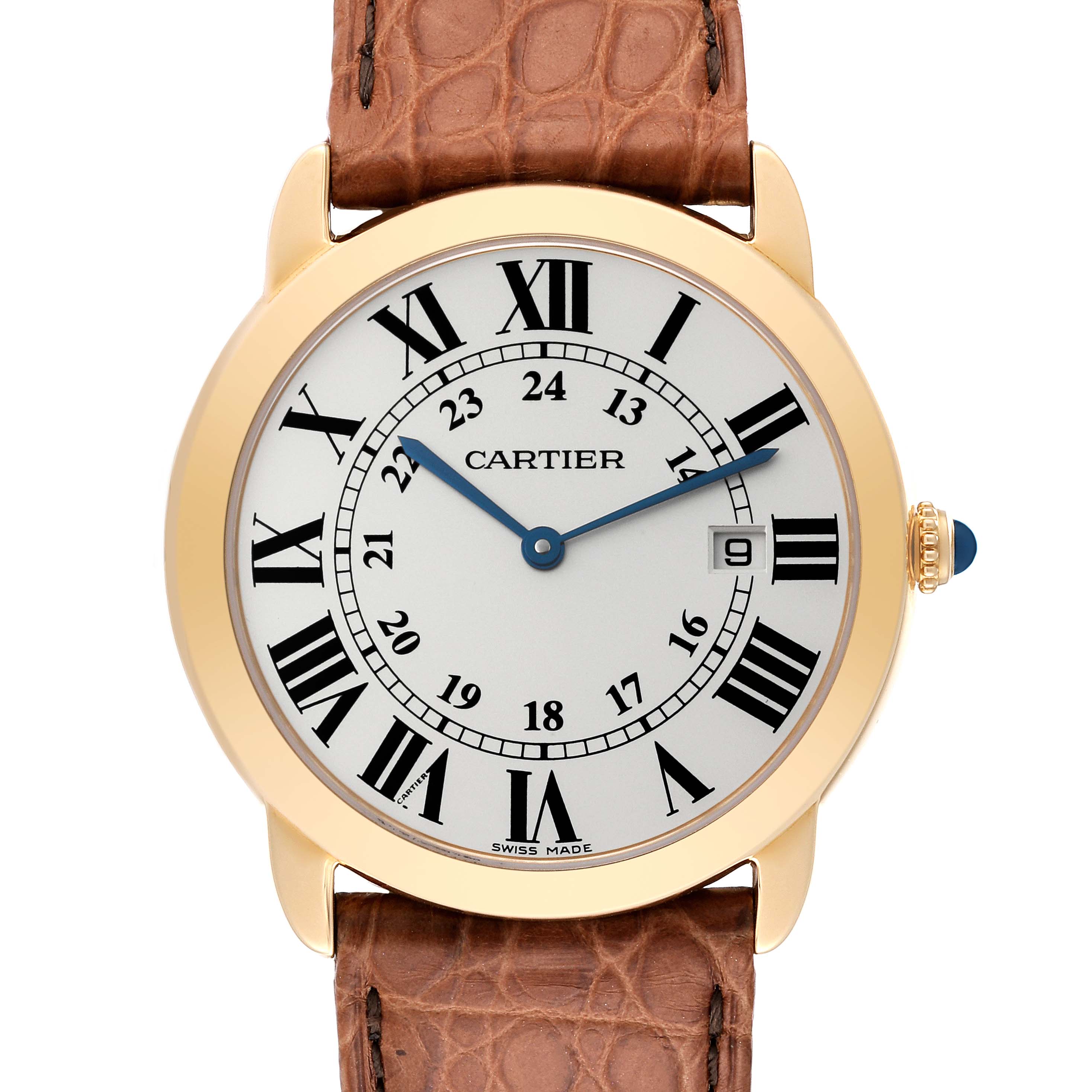 This image shows a front view of the Cartier Ronde W6700455 Men's Yellow Gold Silver Dial W6700455 Men's Yellow Gold Silver Dial watch, highlighting the face, dial, case, and strap.