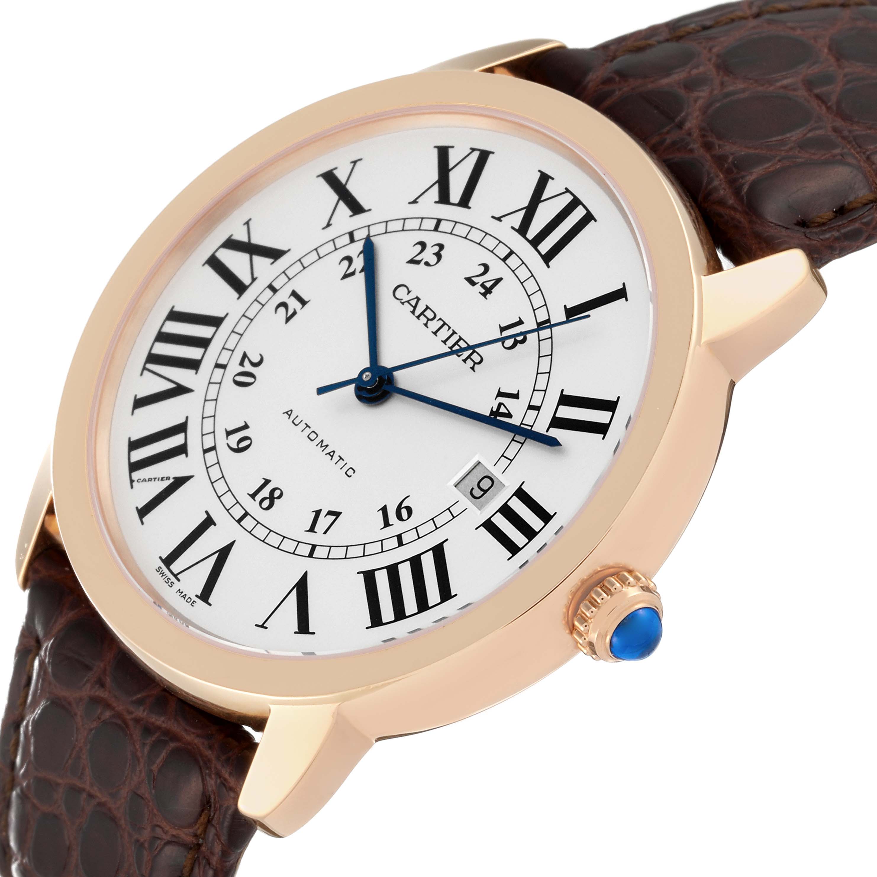 The image shows a Cartier Ronde W6701009 Men
s Yellow Gold Silver Dial W6701009 Men
s Yellow Gold Silver Dial model watch at an oblique angle, highlighting the face, crown, and leather strap.