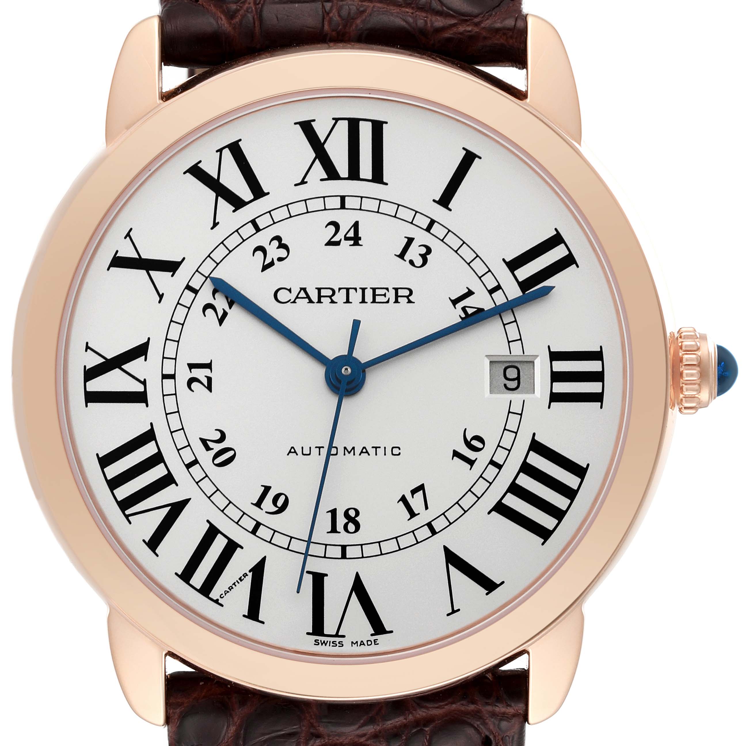This image shows a frontal view of the Ronde model by Cartier, highlighting the dial, numerals, date window, and the crown with a blue cabochon.