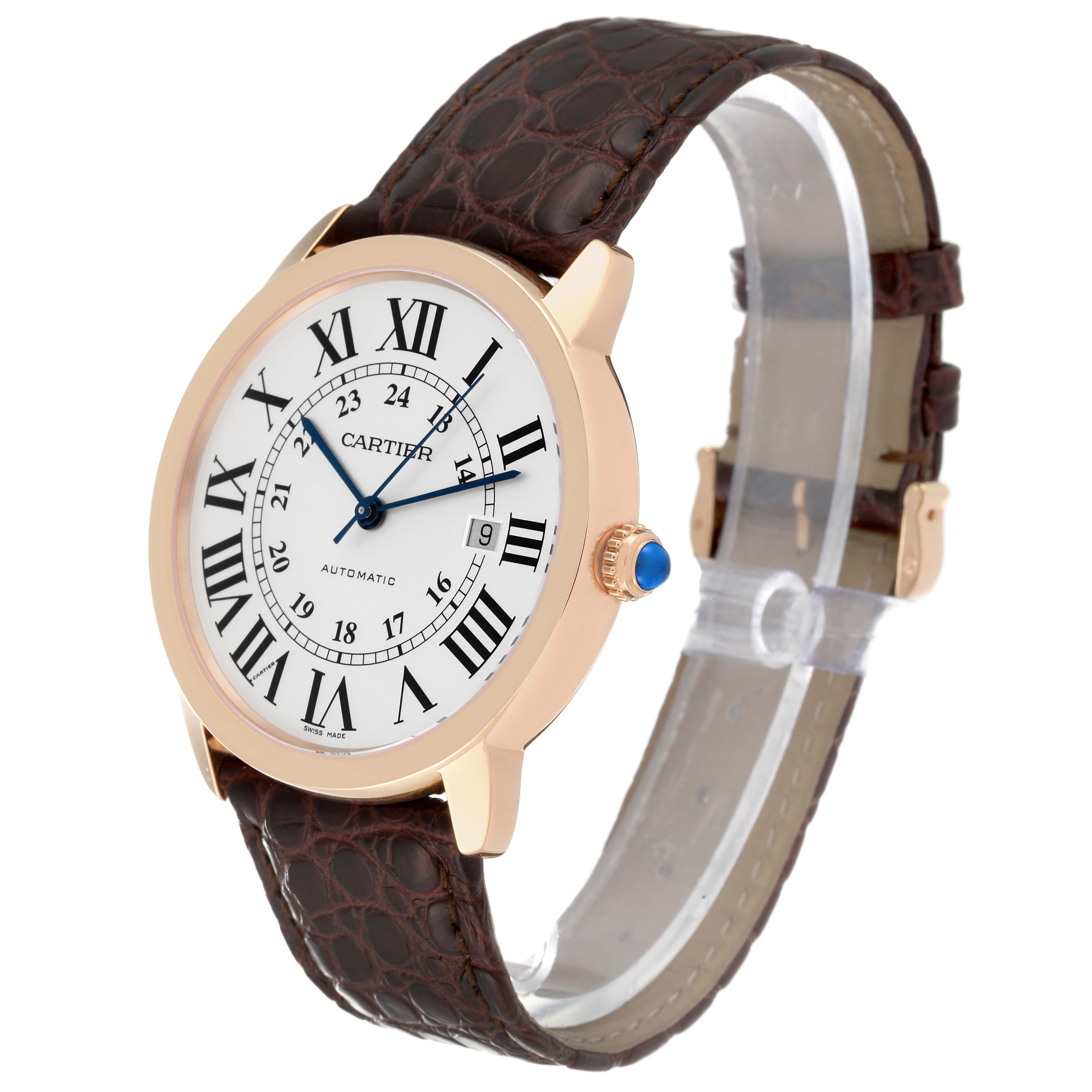 The Cartier Ronde W6701009 Men
s Yellow Gold Silver Dial W6701009 Men
s Yellow Gold Silver Dial model watch is shown from a slight angle, displaying its face, crown, and leather strap.