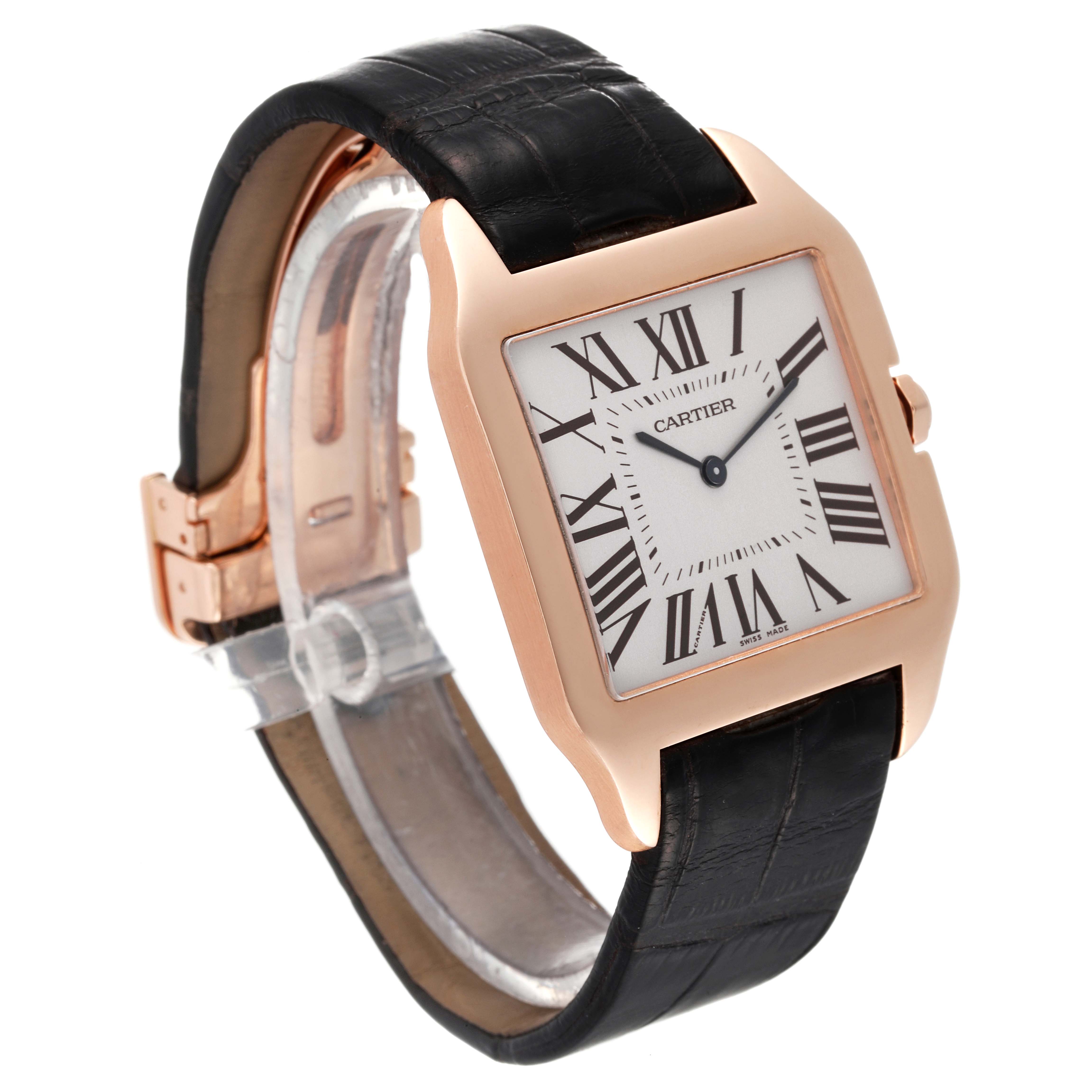The image shows an angled view of a Cartier Santos Dumont W2006951 Men's Rose Gold Silver Dial W2006951 Men's Rose Gold Silver Dial watch, highlighting the face, strap, and clasp.