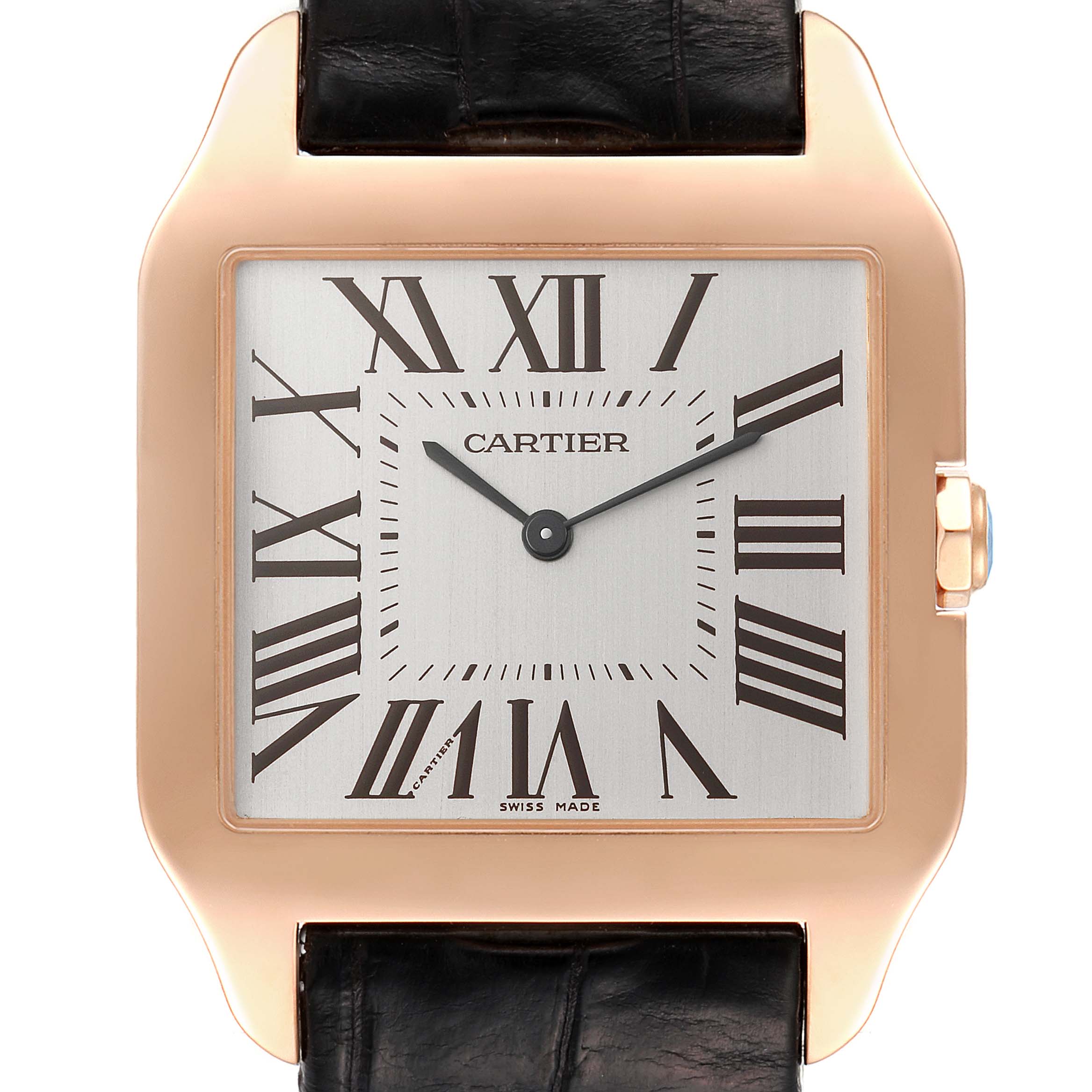 This image shows a front view of the Cartier Santos Dumont W2006951 Men's Rose Gold Silver Dial W2006951 Men's Rose Gold Silver Dial watch, highlighting the dial, hour markers, and part of the strap.