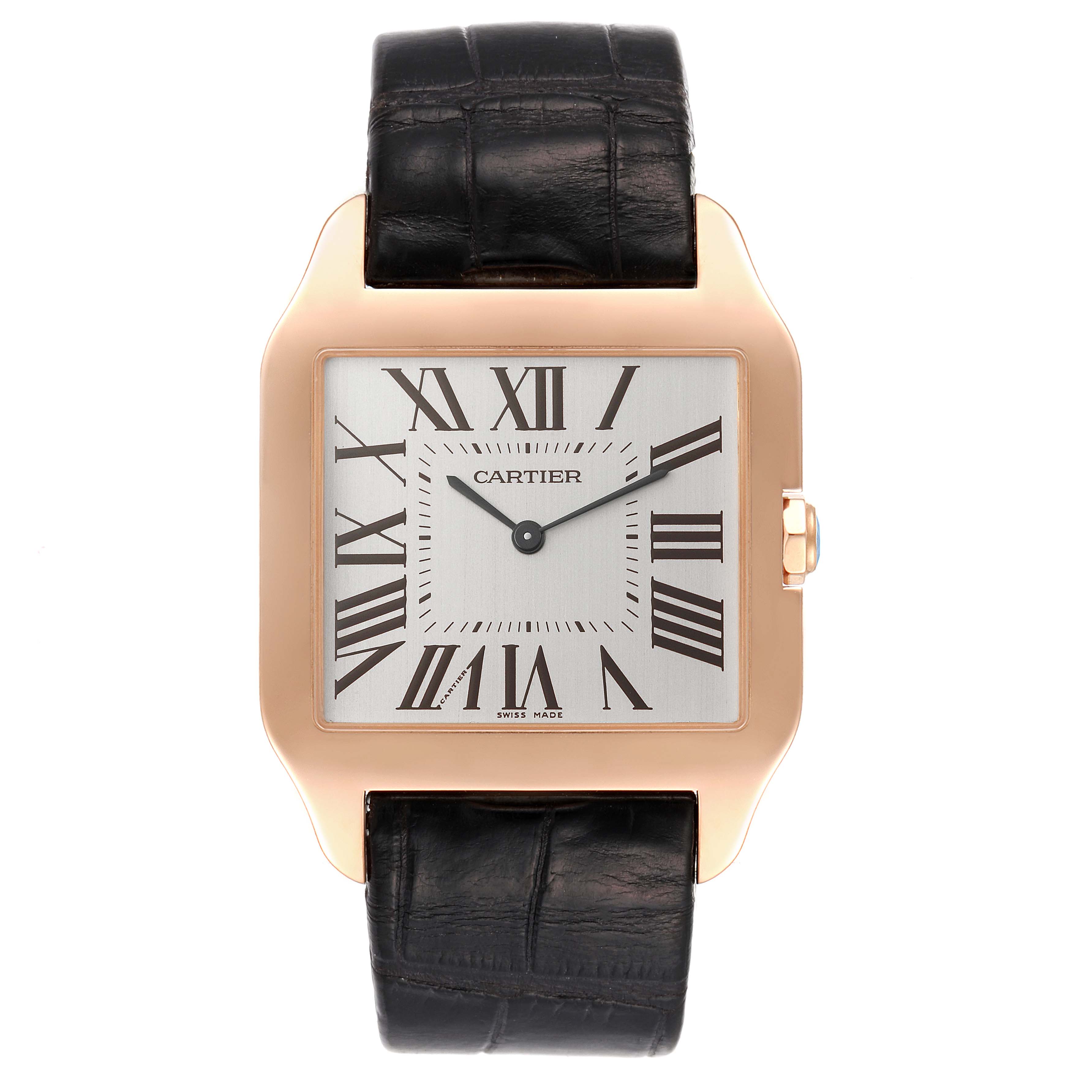 The image shows a front view of a Cartier Santos Dumont W2006951 Men's Rose Gold Silver Dial W2006951 Men's Rose Gold Silver Dial watch with a square face, gold case, and black leather strap.