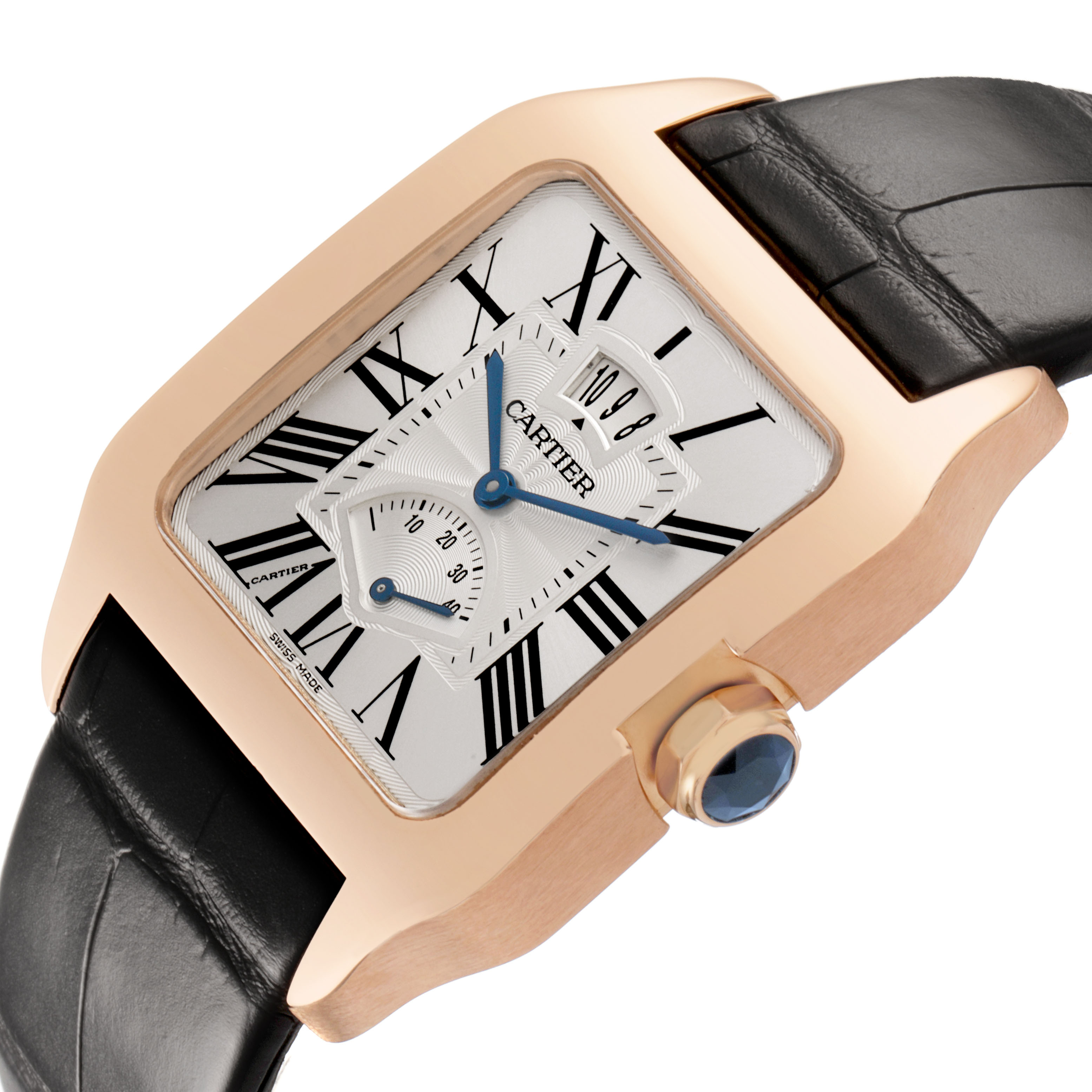 The Cartier Santos Dumont W2020067 Men's Rose Gold Silver Dial watch is shown at an angled view, highlighting the face, crown, and leather strap.