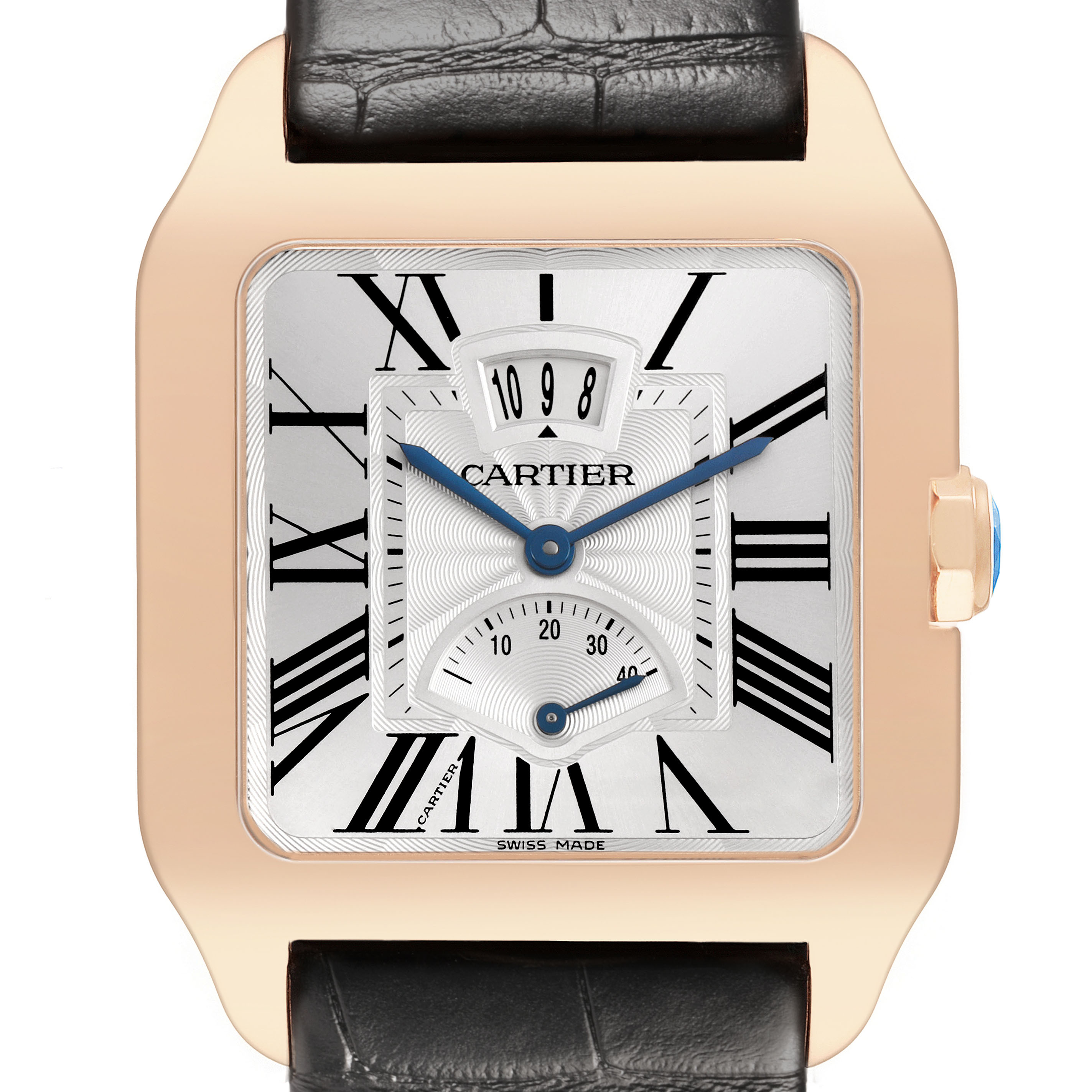The Cartier Santos Dumont W2020067 Men's Rose Gold Silver Dial watch is shown from the front, highlighting the dial, hands, and crown.