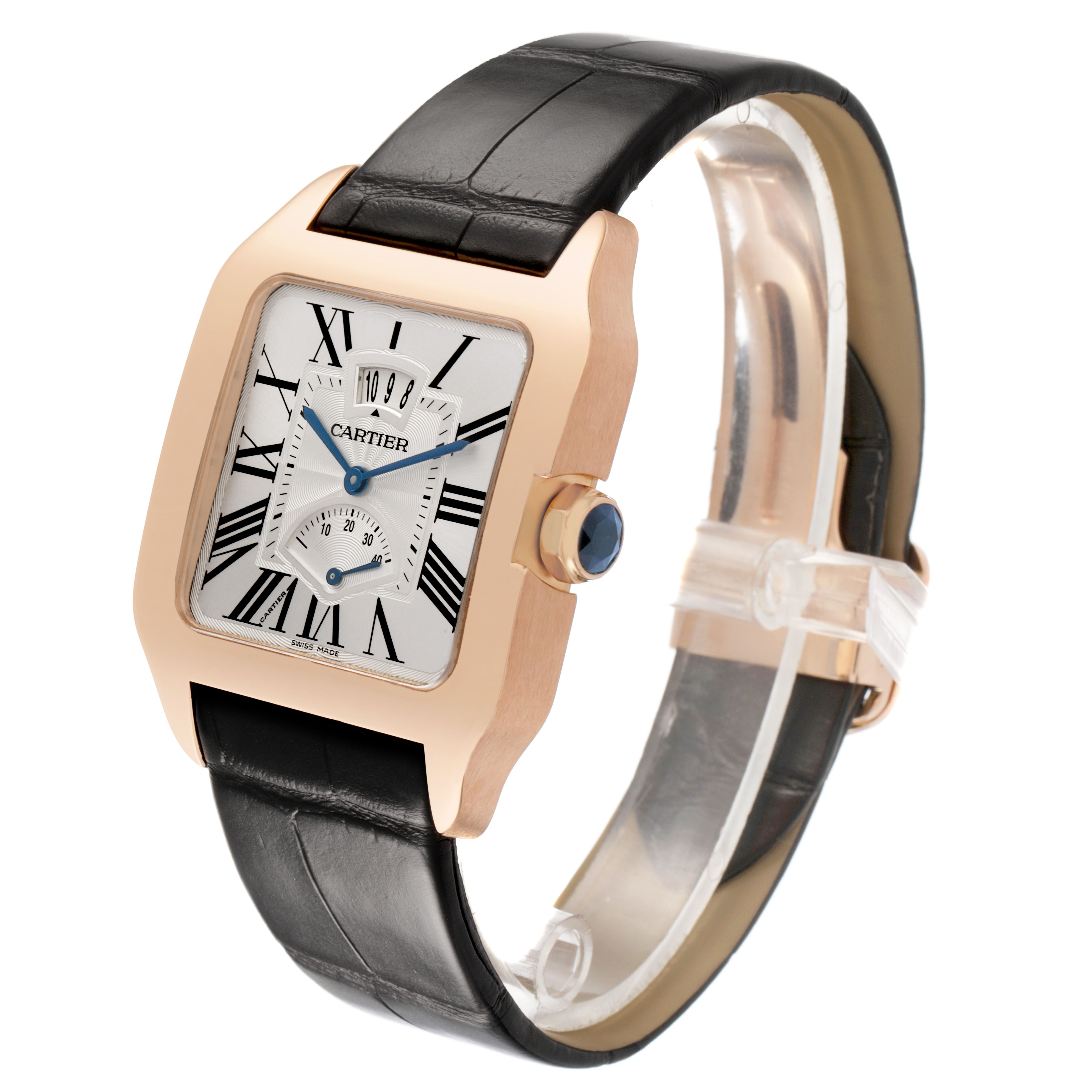 The Cartier Santos Dumont W2020067 Men's Rose Gold Silver Dial watch is shown from a three-quarter angle, highlighting the face, side, and leather strap with a visible crown.