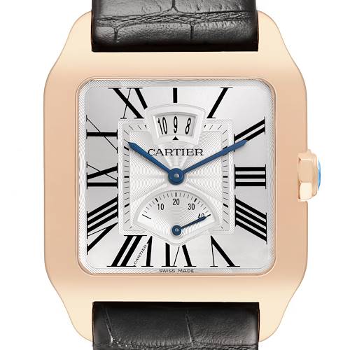 The Cartier Santos Dumont W2020067 Men's Rose Gold Silver Dial watch is shown from the front, highlighting the dial, hands, crown, and strap.