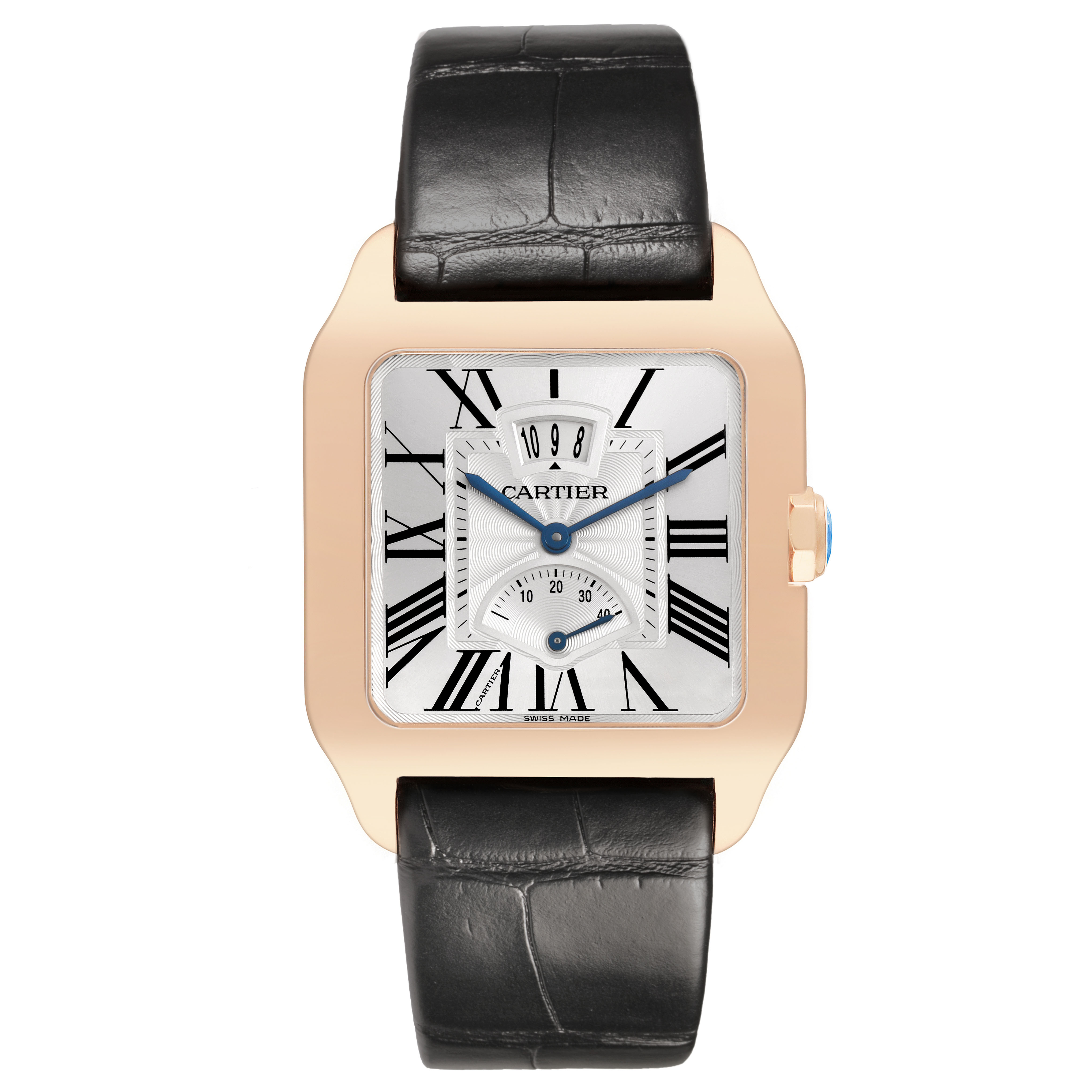The Cartier Santos Dumont W2020067 Men's Rose Gold Silver Dial watch is shown from a front view, highlighting the face, roman numerals, and black leather strap.