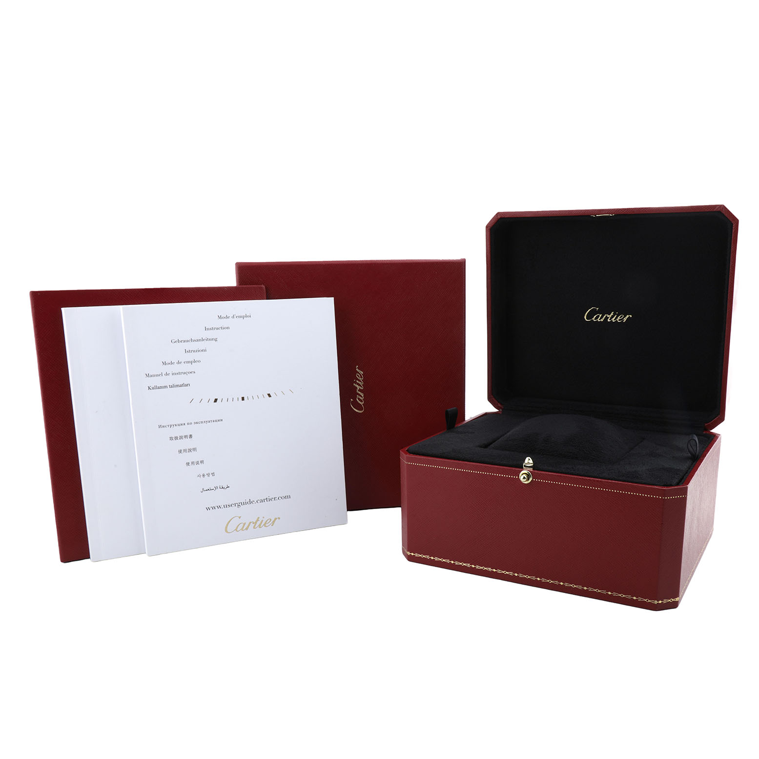 The image shows the open box and booklet for the Cartier Santos Dumont W2020067 Men's Rose Gold Silver Dial, without the watch visible.