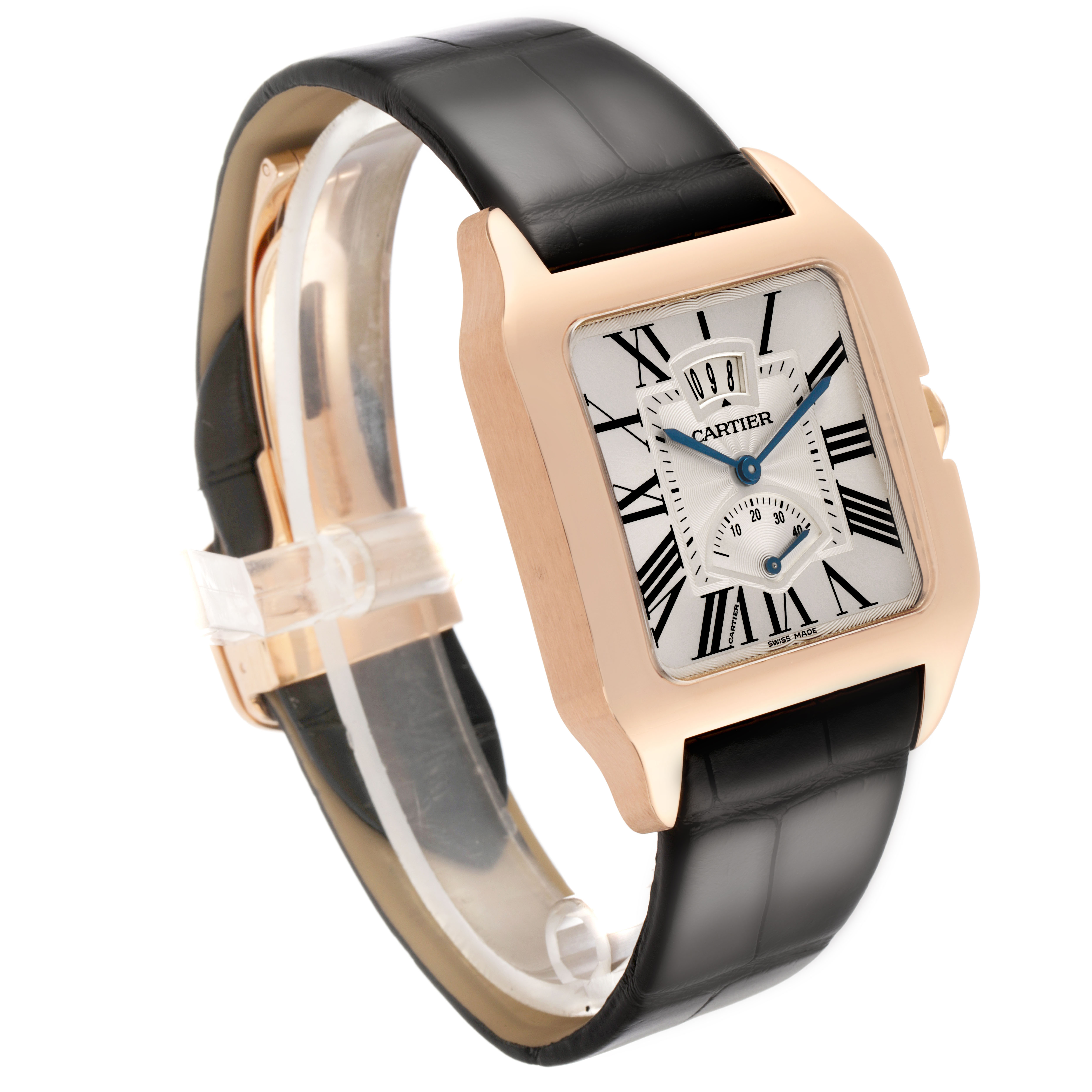 The Cartier Santos Dumont W2020067 Men's Rose Gold Silver Dial watch is angled to show the face, case, and black strap.