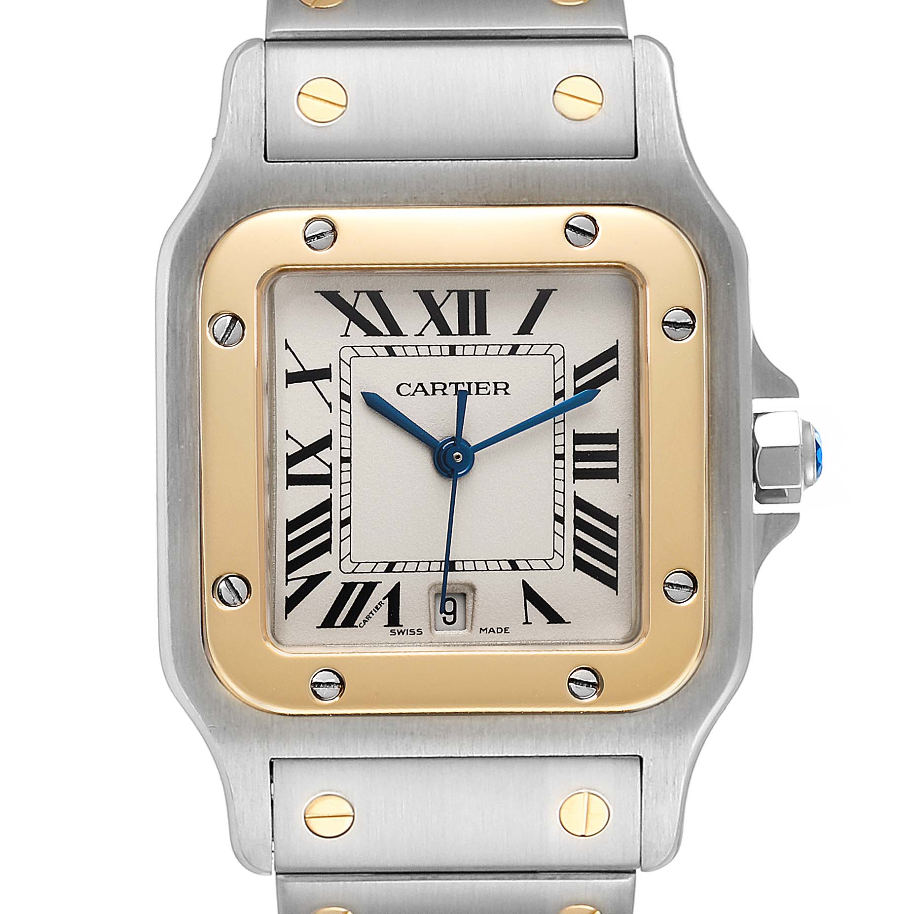This image shows a close-up of the Cartier Santos W20011C4 Men's Steel and Gold (two tone) Silver Dial W20011C4 Men's Steel and Gold (two tone) Silver Dial watch face, bezel, and part of the bracelet.