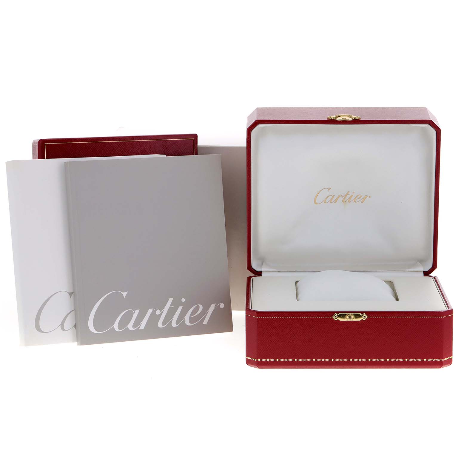 The image shows the Cartier Santos W20011C4 Men's Steel and Gold (two tone) Silver Dial W20011C4 Men's Steel and Gold (two tone) Silver Dial watch box, including the red case and accompanying booklets.