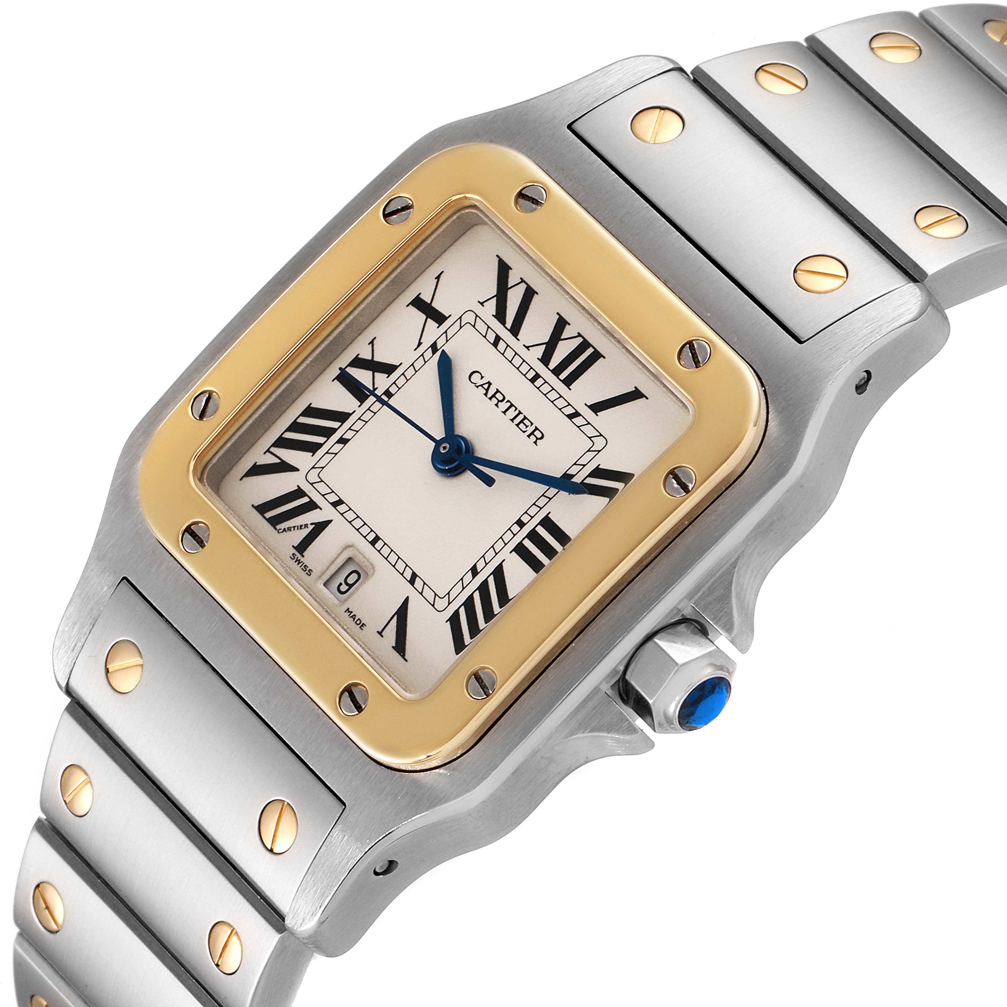The image shows a Cartier Santos W20011C4 Men's Steel and Gold (two tone) Silver Dial W20011C4 Men's Steel and Gold (two tone) Silver Dial watch from an angled view, highlighting its face, bezel, and part of the bracelet.