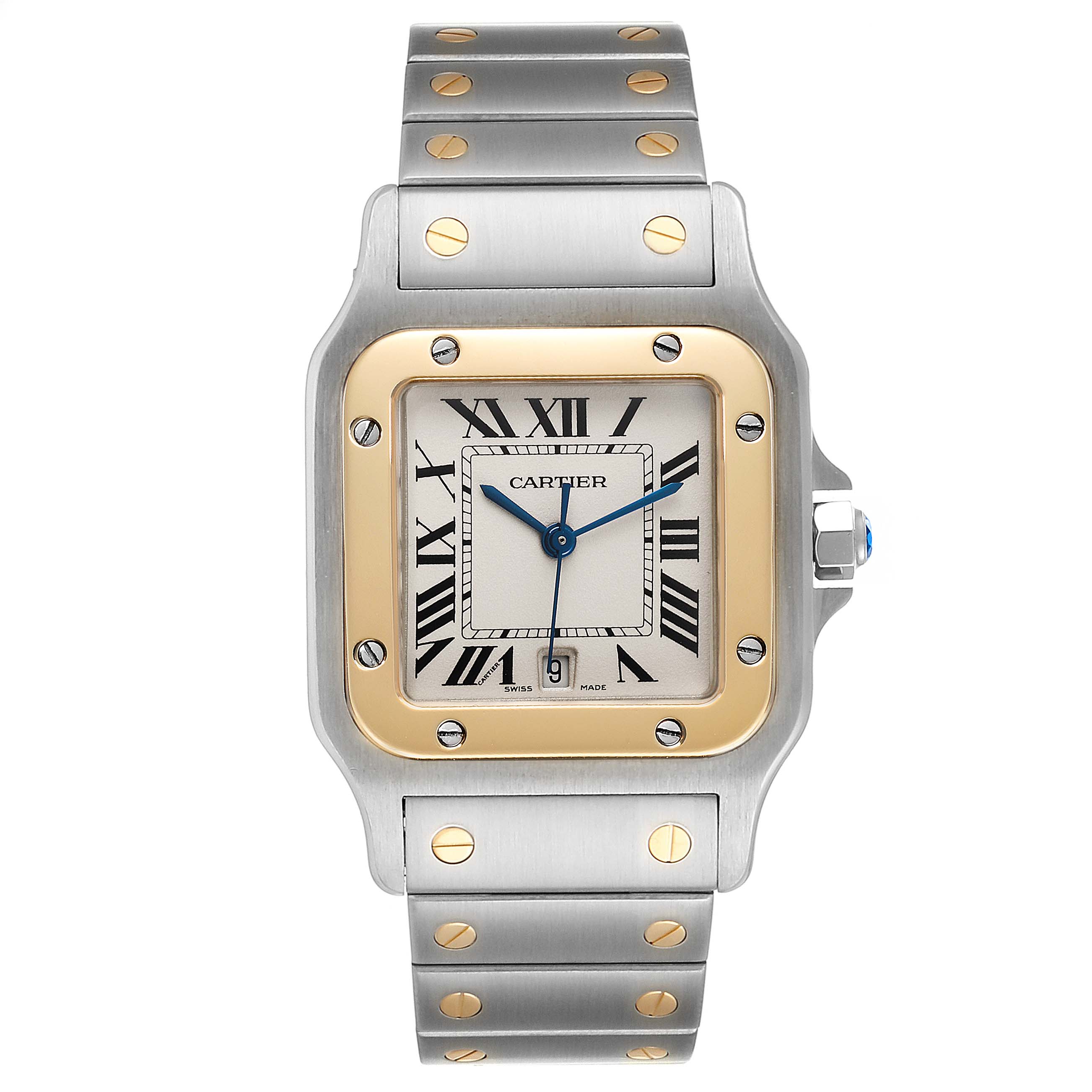 The image shows a front view of a Cartier Santos W20011C4 Men's Steel and Gold (two tone) Silver Dial W20011C4 Men's Steel and Gold (two tone) Silver Dial watch, featuring a square dial, Roman numerals, and a metal bracelet with gold screws.