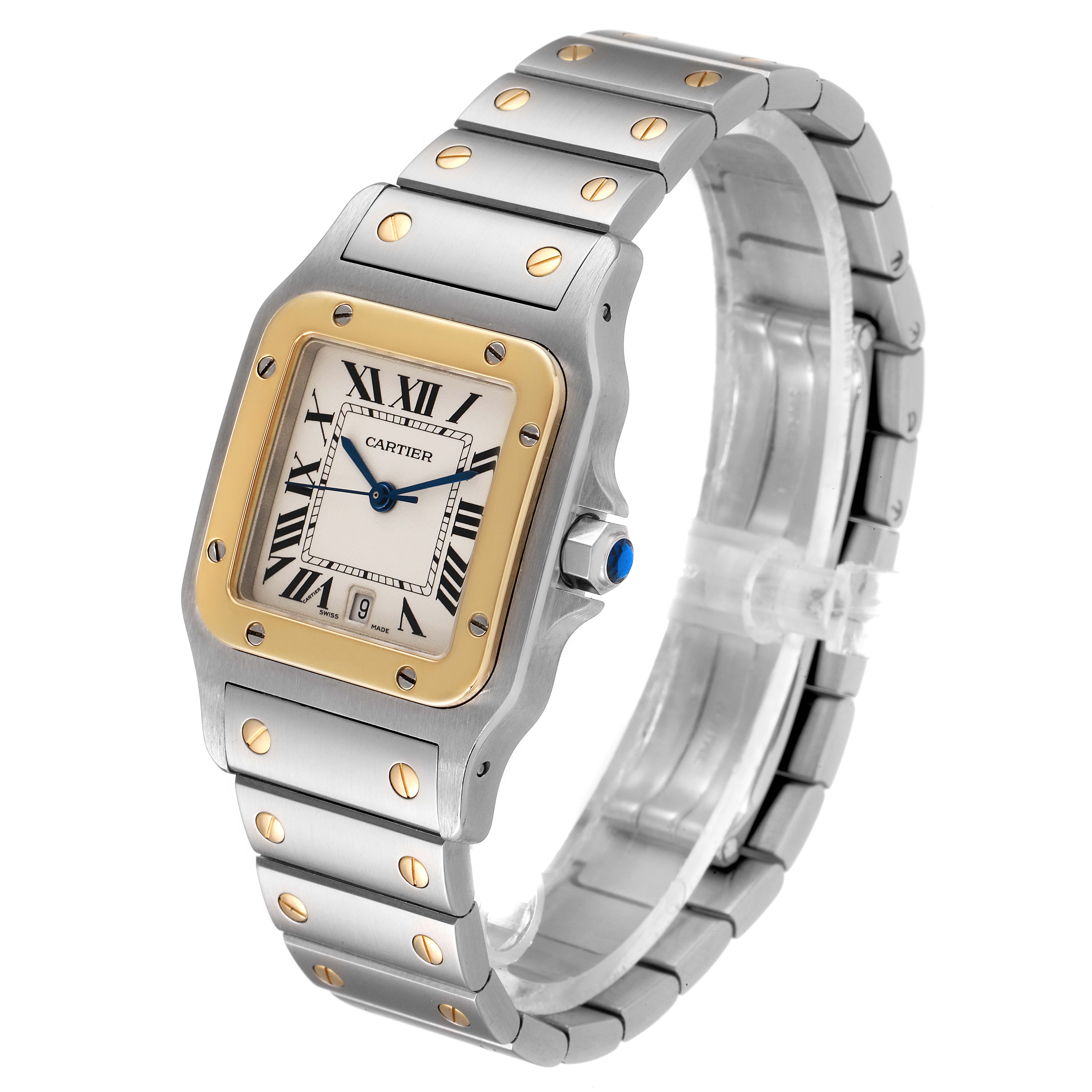 This image shows a Cartier Santos W20011C4 Men's Steel and Gold (two tone) Silver Dial W20011C4 Men's Steel and Gold (two tone) Silver Dial watch at a slight side angle, displaying the face, bezel, crown, and bracelet.
