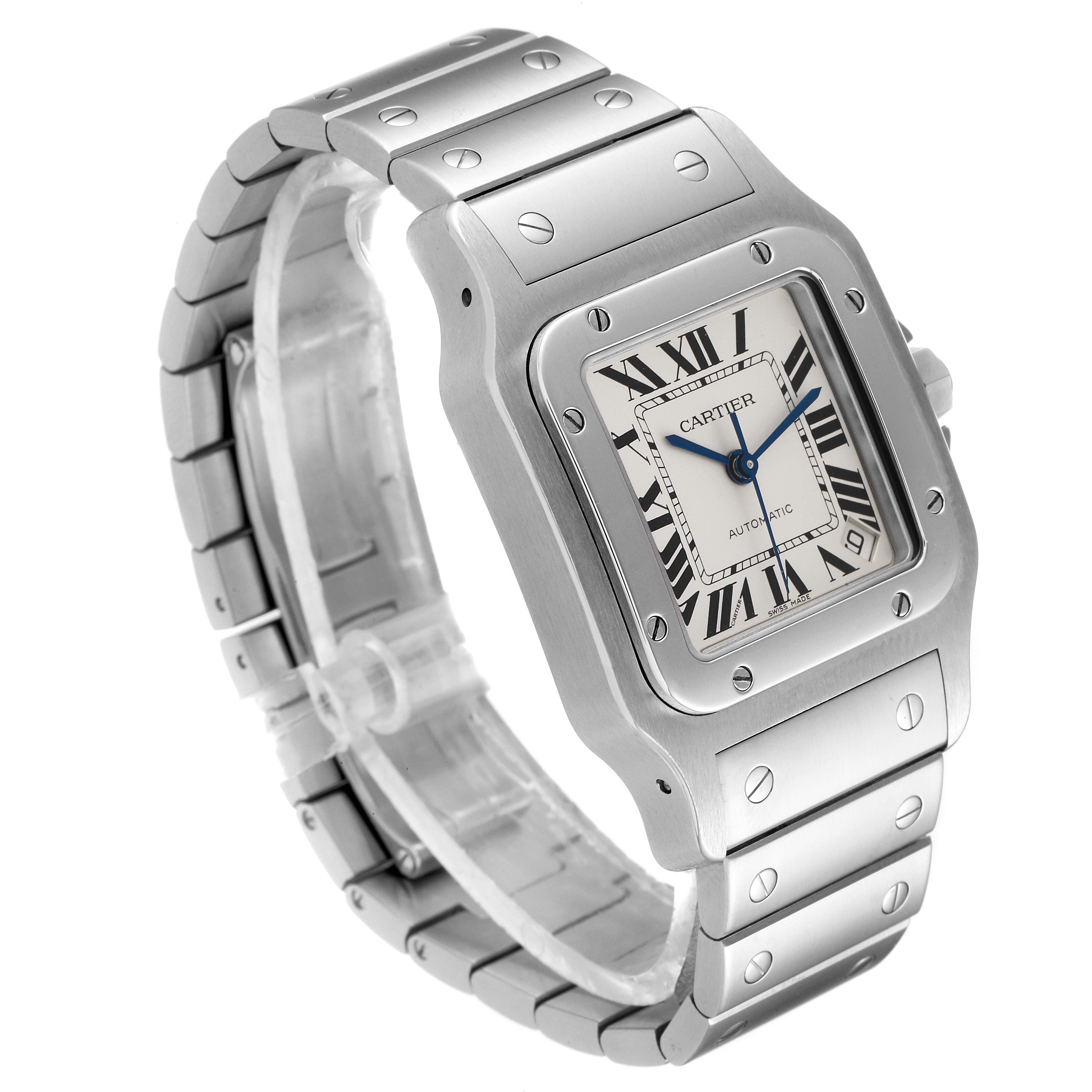 This image shows a Santos model watch by Cartier, angled to display the face, bezel, and part of the bracelet.