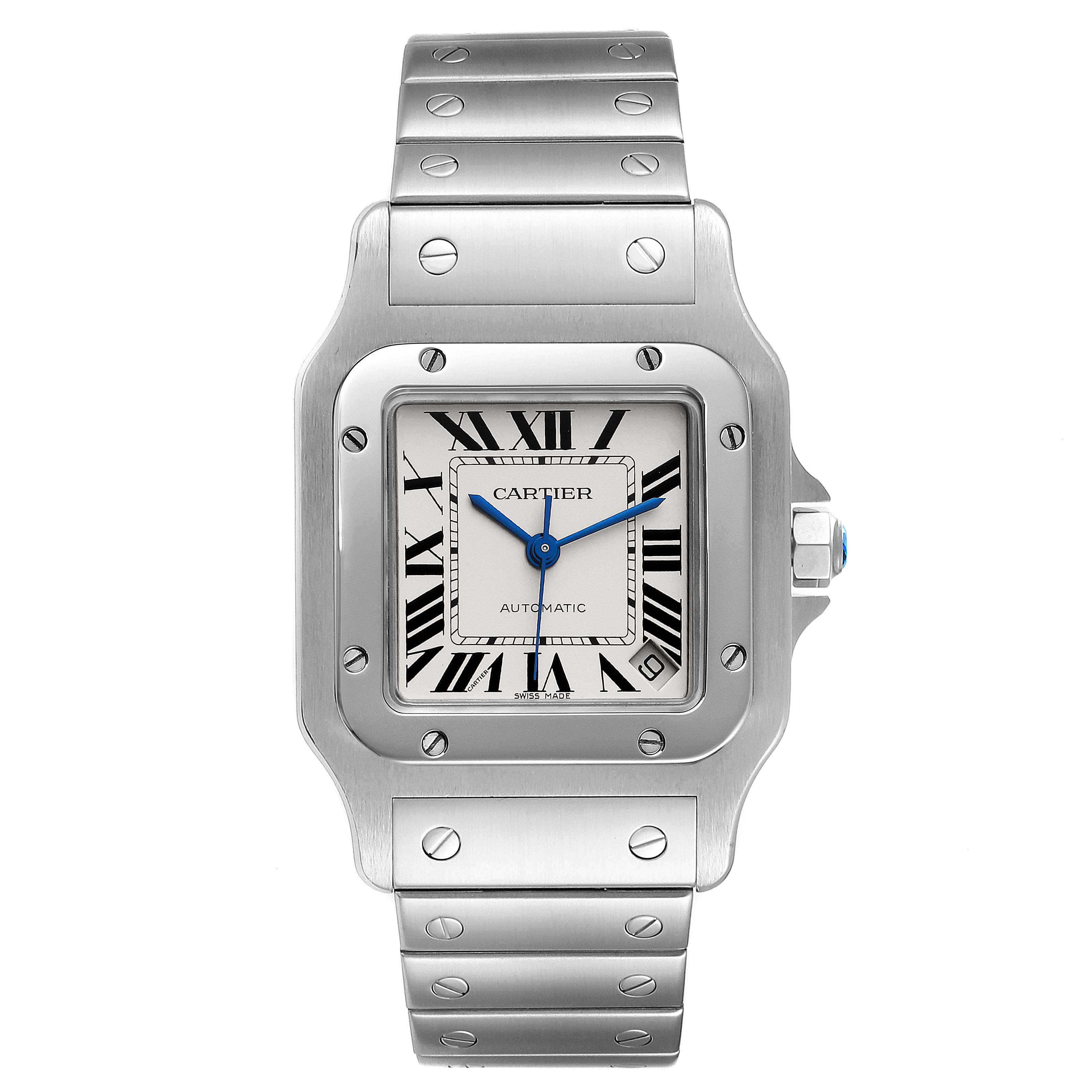 The image shows a front view of the Cartier Santos W20098D6 Men
s Stainless Steel Silver Dial W20098D6 Men
s Stainless Steel Silver Dial watch, highlighting its square face, Roman numerals, and metal bracelet.