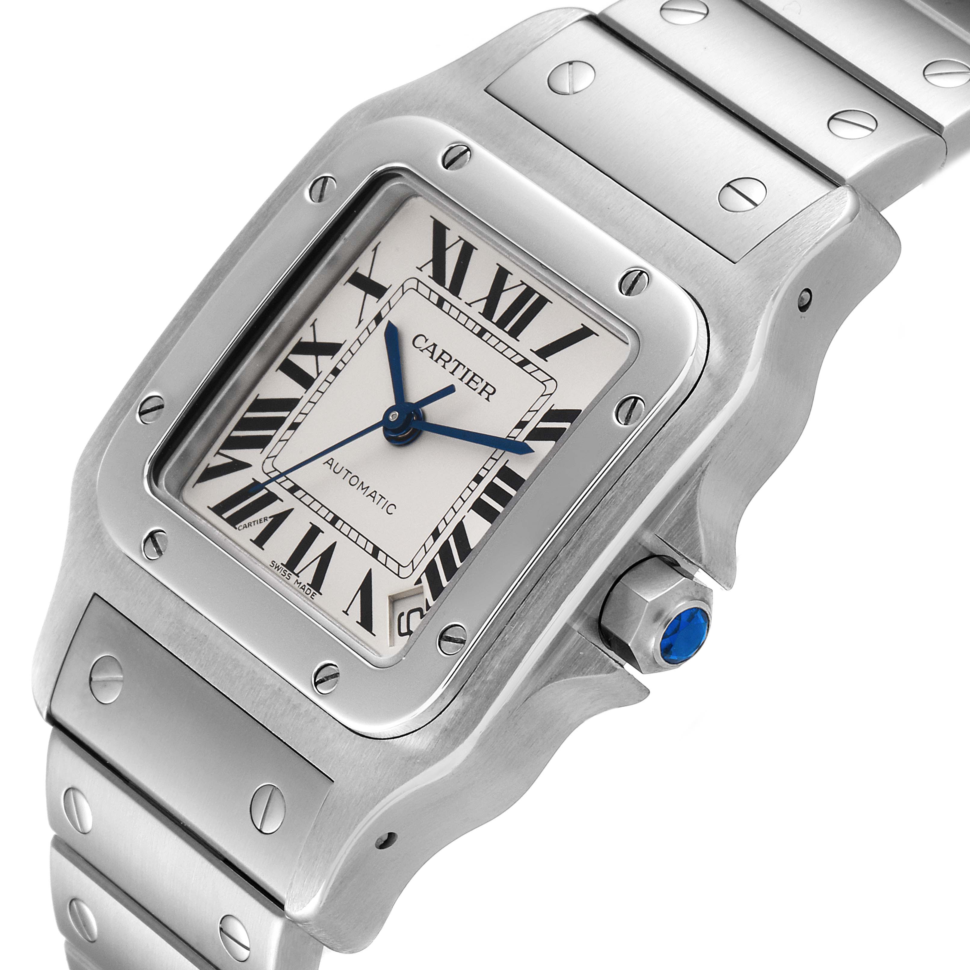 The image shows a close-up angle of a Santos de Cartier watch, highlighting the dial, bezel, and part of the bracelet.