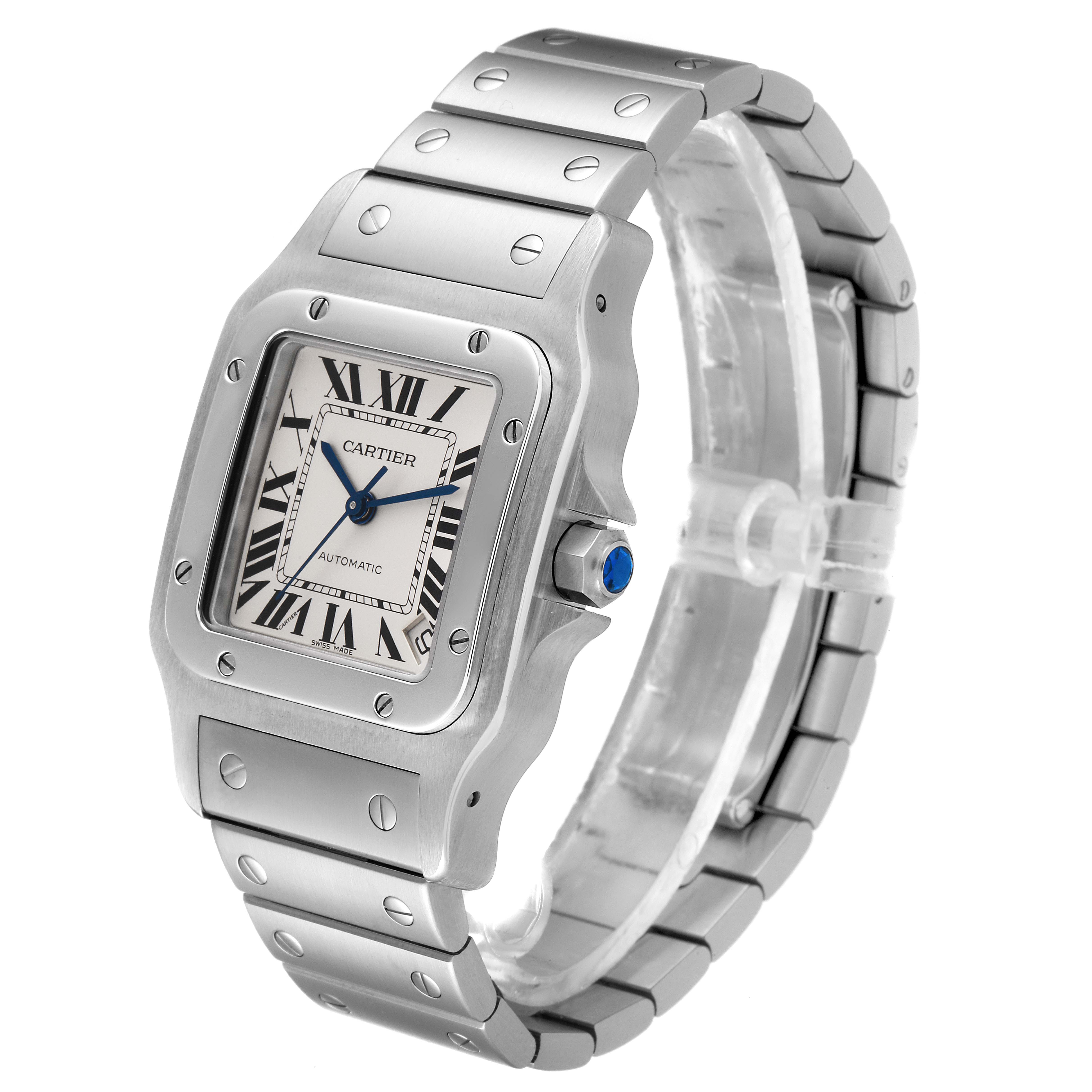 The Cartier Santos W20098D6 Men
s Stainless Steel Silver Dial W20098D6 Men
s Stainless Steel Silver Dial watch is shown at a front-side angle, highlighting the face, bezel, and bracelet.