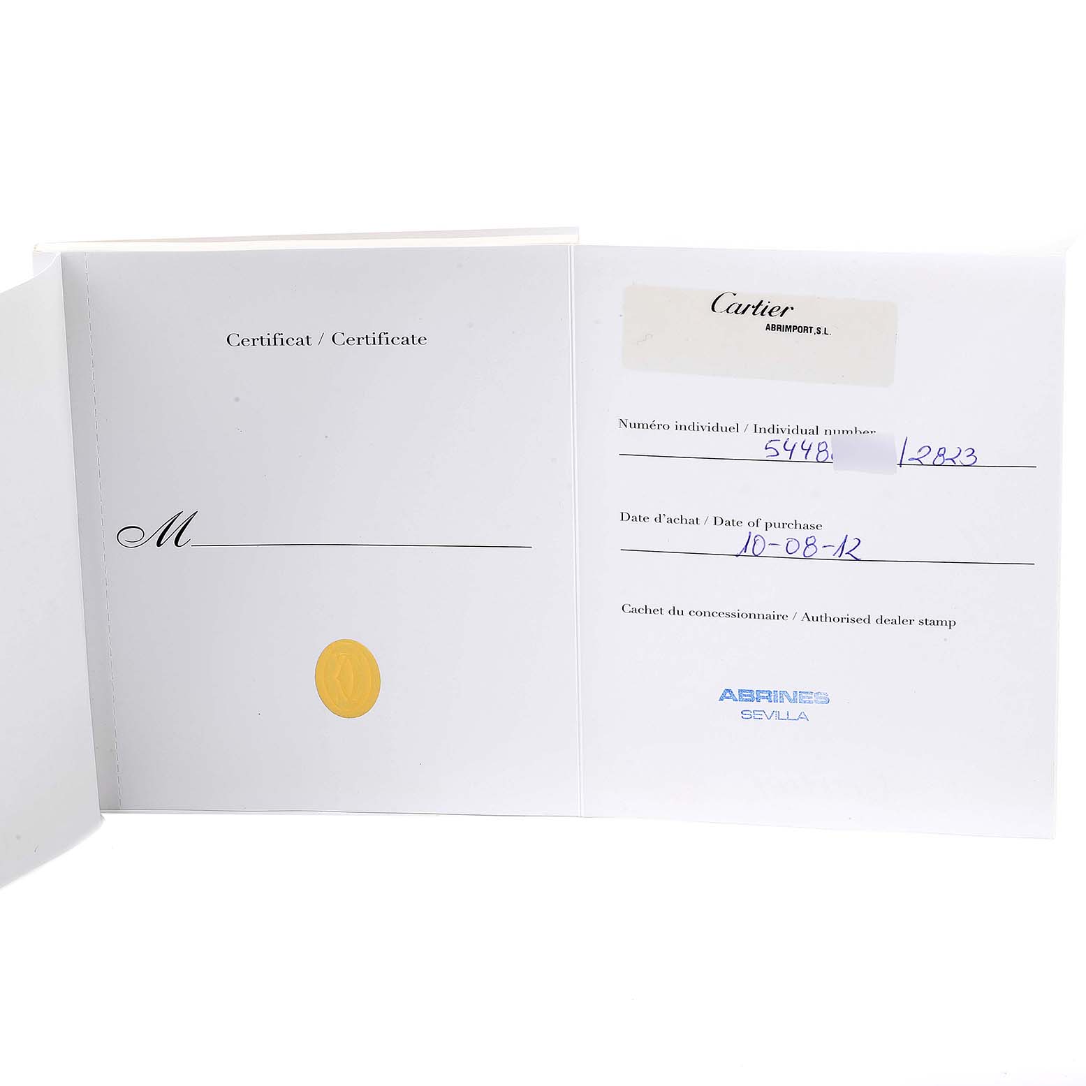 This image shows the certificate and paperwork for a Cartier Santos W20098D6 Men
s Stainless Steel Silver Dial W20098D6 Men
s Stainless Steel Silver Dial model watch.