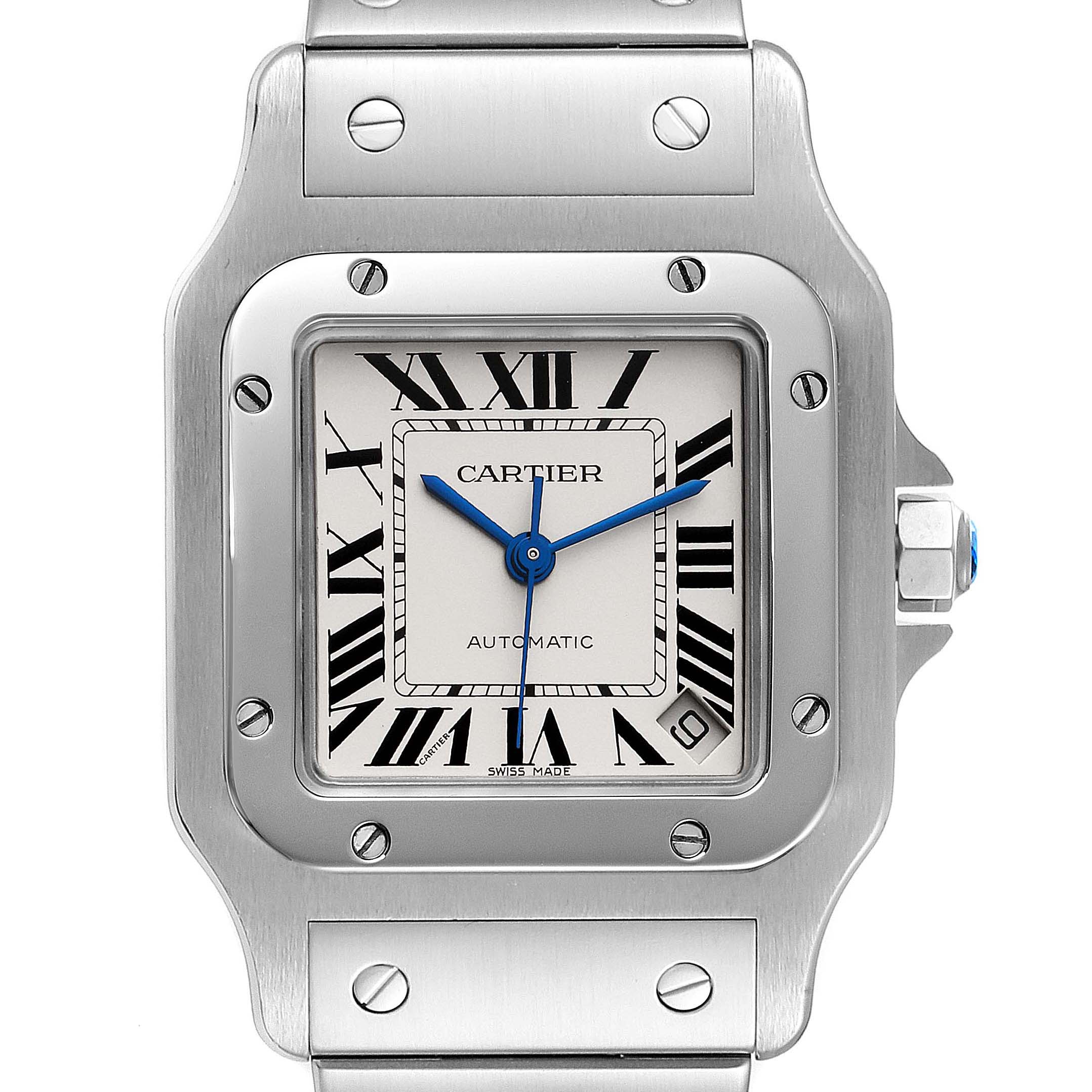 This image shows a front view of the Cartier Santos W20098D6 Men
s Stainless Steel Silver Dial W20098D6 Men
s Stainless Steel Silver Dial model watch displaying its face, bezel, and part of its bracelet.
