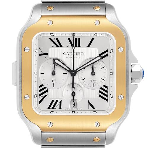 The image shows a front view of a Cartier Santos W2SA0008 Men's Steel and Gold (two tone) Silver Dial watch, highlighting its dial, bezel, and part of the bracelet.